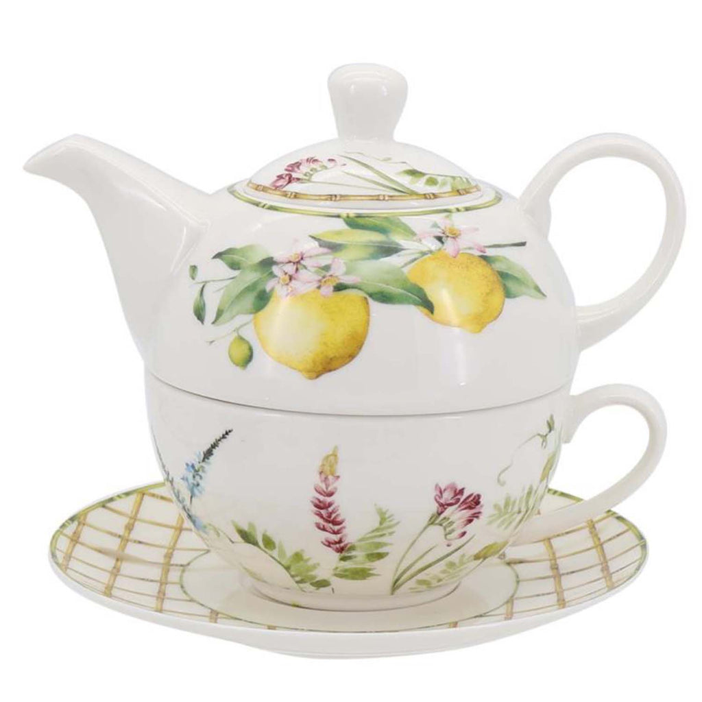 Lemon grove farmhouse style ceramic tableware set white with yellow lemons green leaves gold lattice rim home decor with 550cc and 320cc tea set
