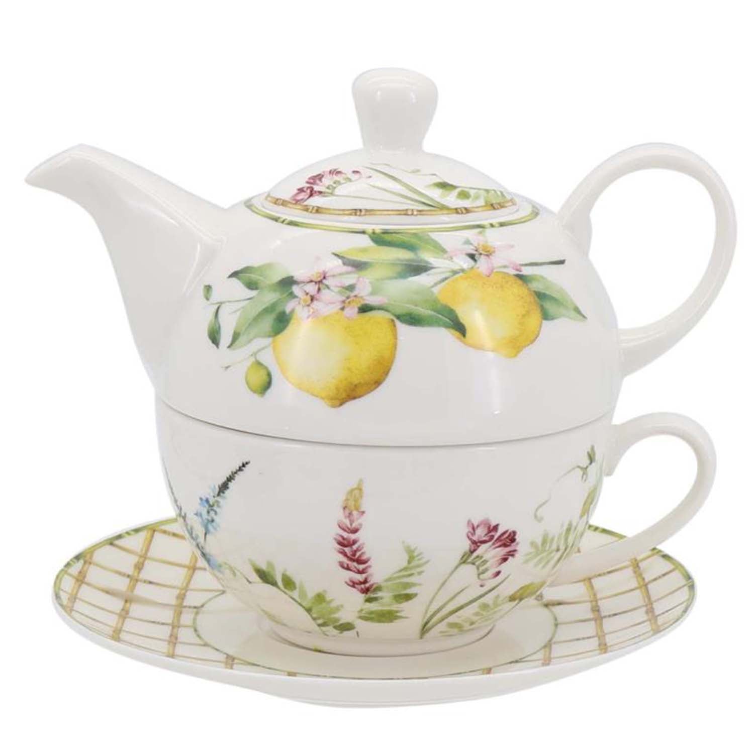 Lemon grove farmhouse style ceramic tableware set white with yellow lemons green leaves gold lattice rim home decor with 550cc and 320cc tea set