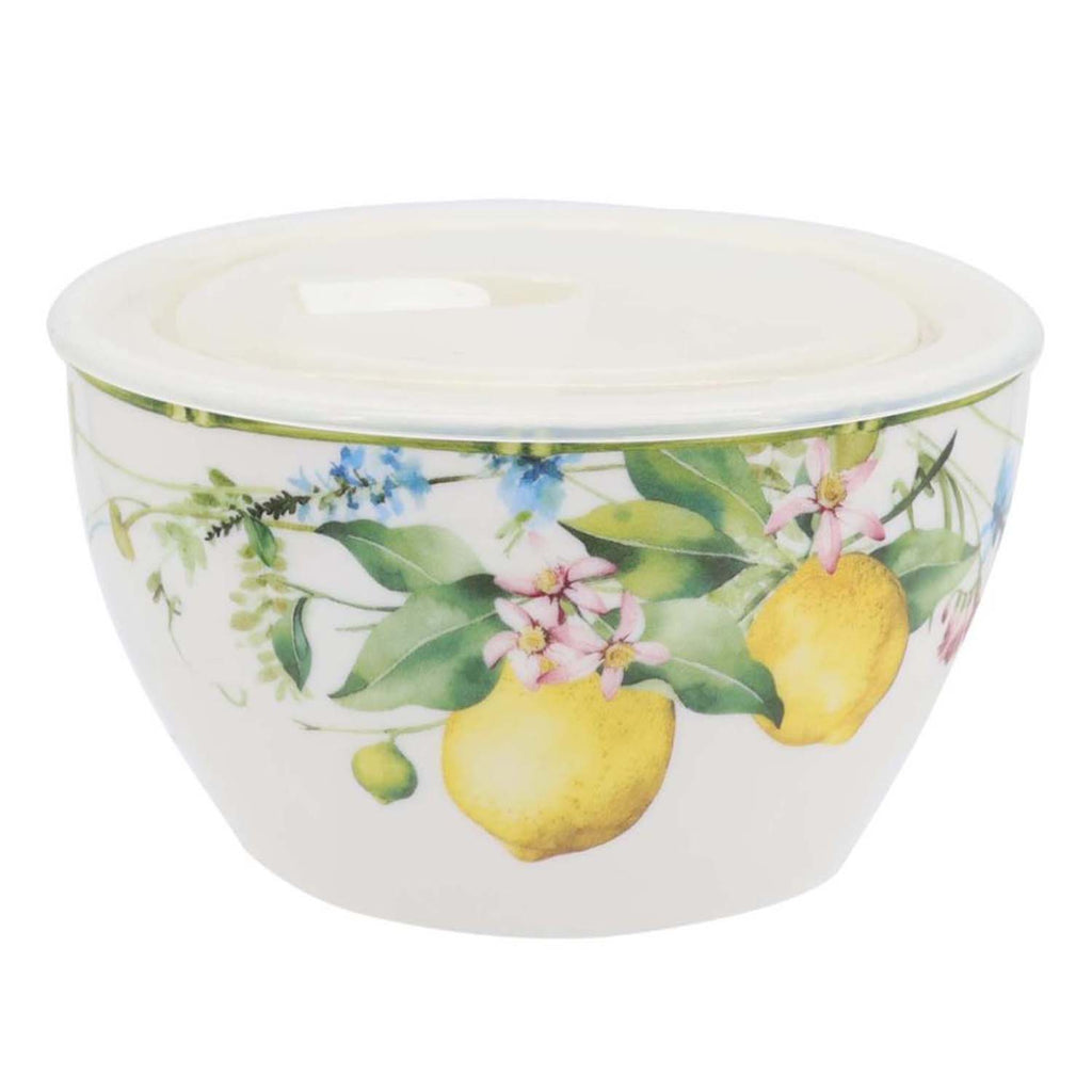 Lemon grove farmhouse style ceramic tableware set white with yellow lemons green leaves gold lattice rim home decor with 6-inch storage bow and lid