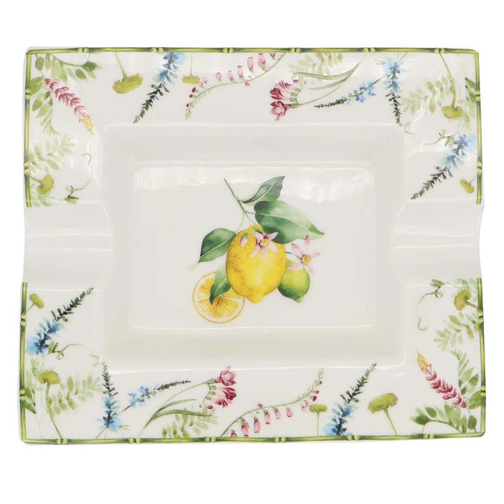 Lemon grove farmhouse style ceramic tableware set white with yellow lemons green leaves gold lattice rim home decor with 8-inch ashtray