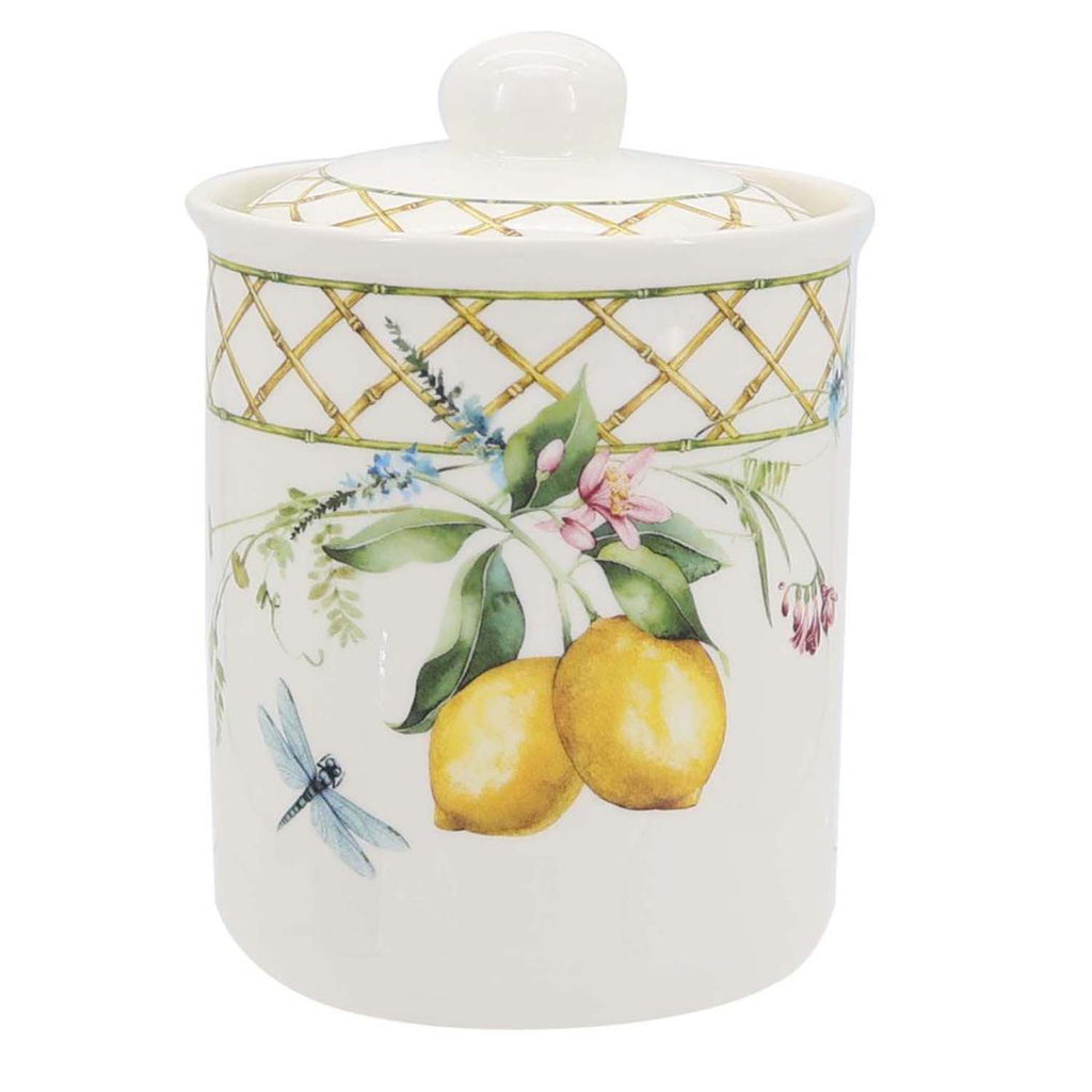 Lemon grove farmhouse style ceramic tableware set white with yellow lemons green leaves gold lattice rim home decor with 800ml canister  pattern 1