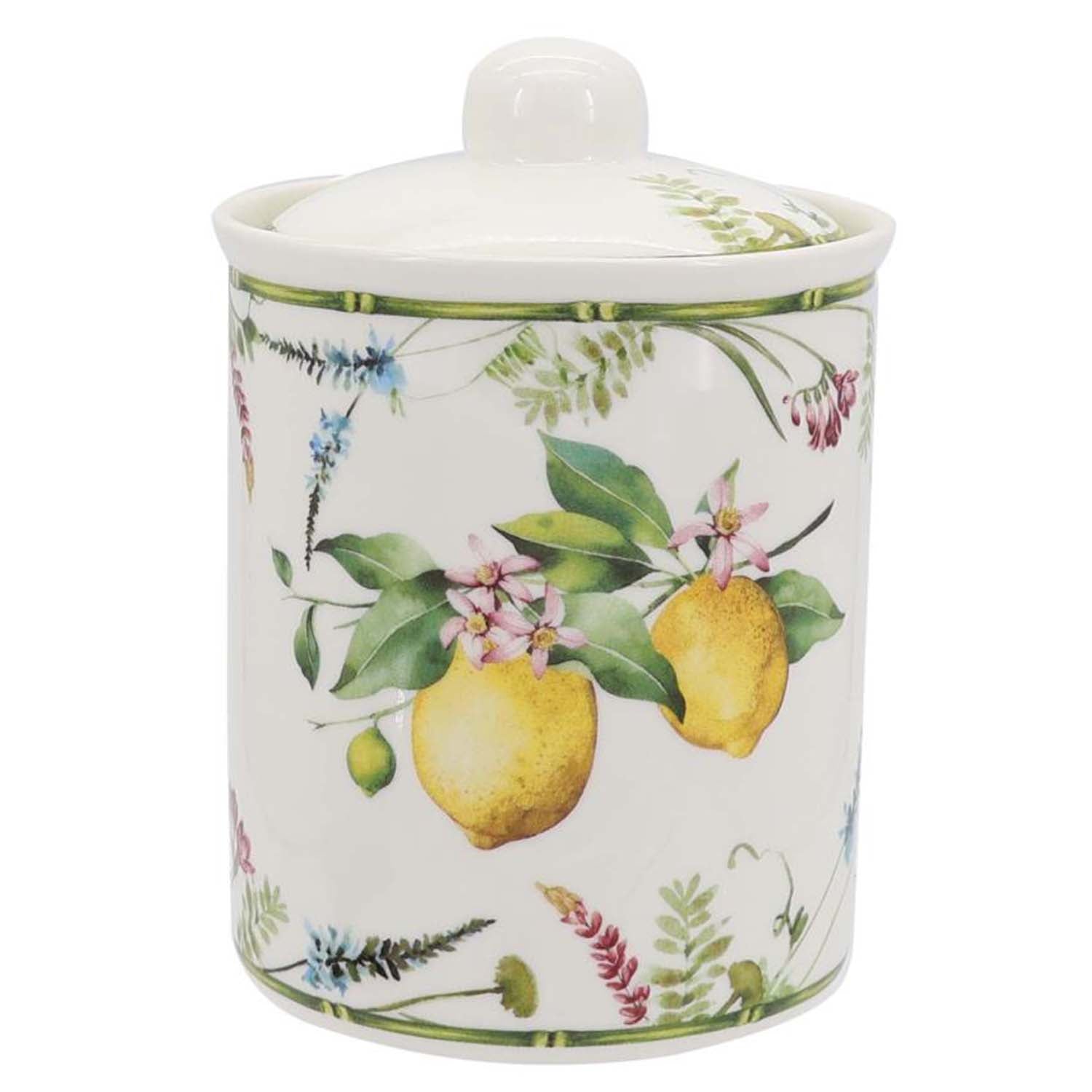 Lemon grove farmhouse style ceramic tableware set white with yellow lemons green leaves gold lattice rim home decor with 800ml canister  pattern 2