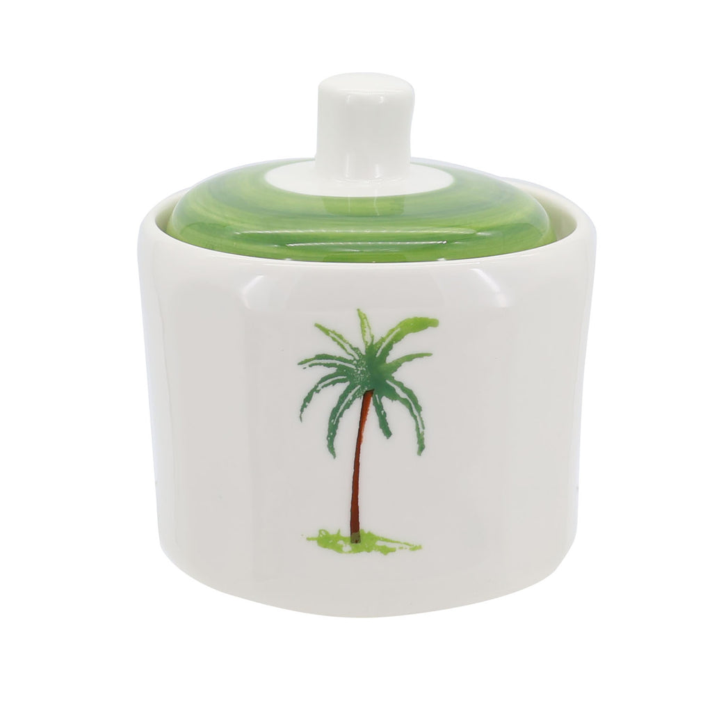 Palm tree farmhouse style ceramic tableware set white with palm tree motifs stripes and a fresh white green palette home decor with 280ml sugar pot