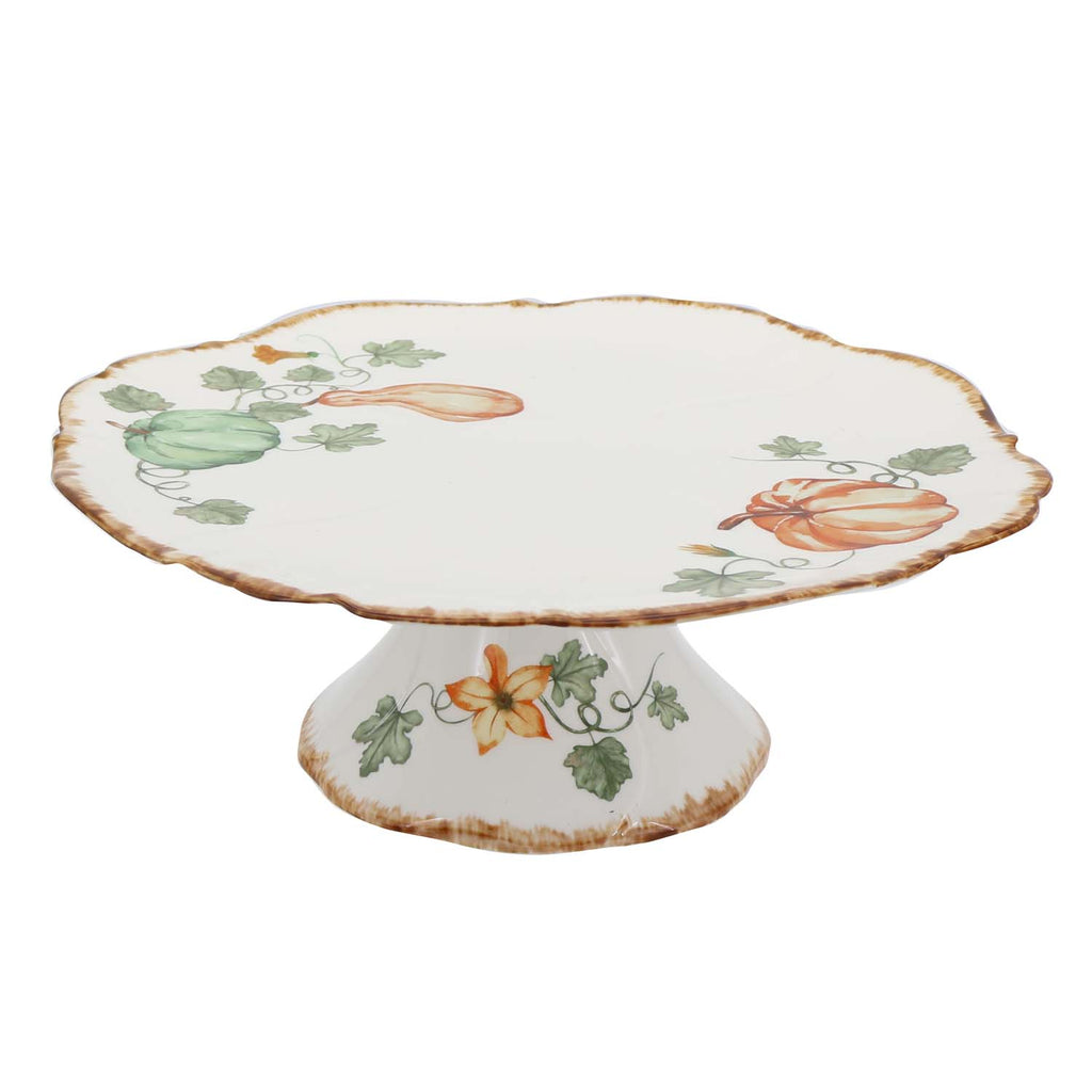 Gilded Harvest Farmhouse Style Ceramic Tableware Set – Hand-Painted Vine Motif with Gold Trim & Organic Shape with 10.5-inch cake cup plate with stand