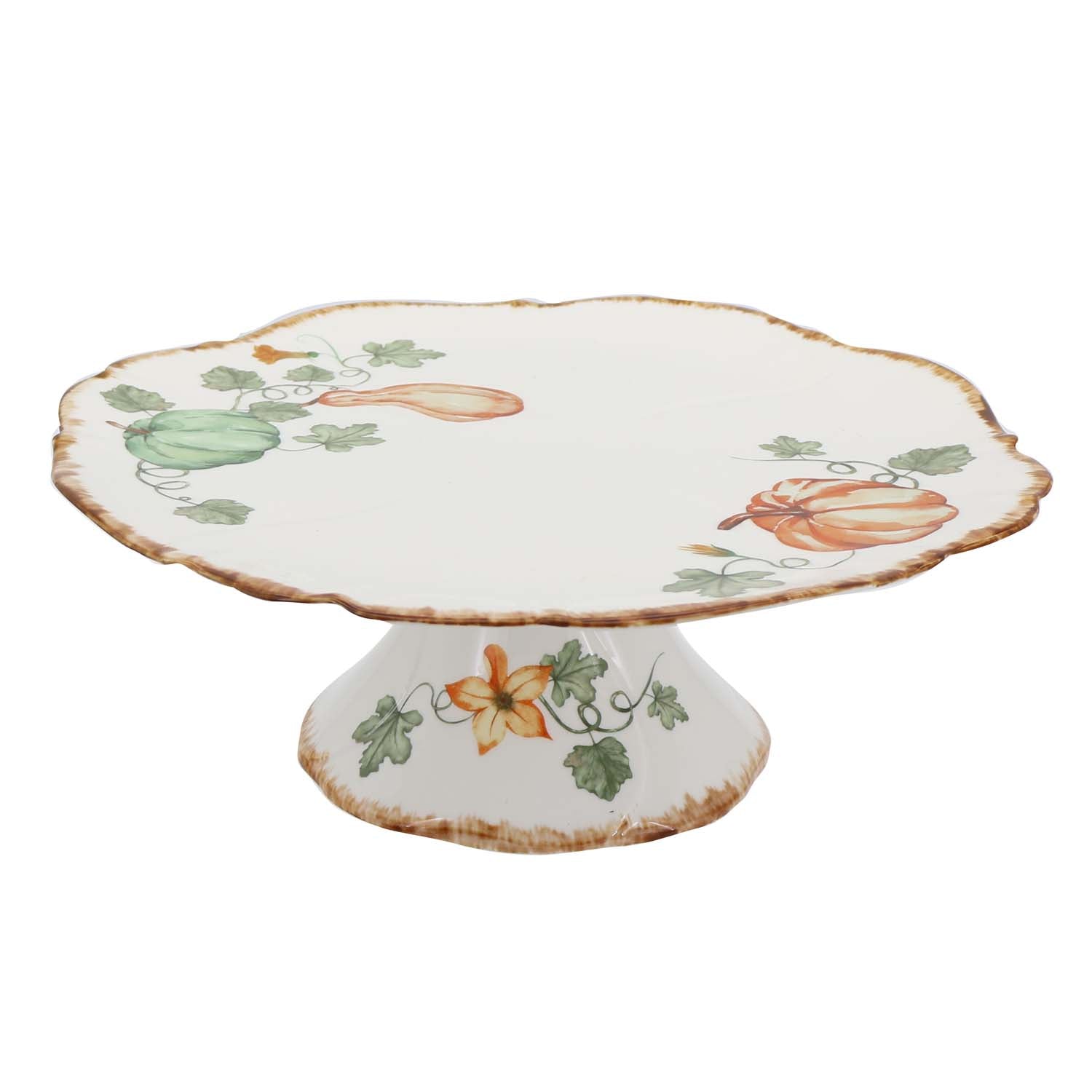 Gilded Harvest Farmhouse Style Ceramic Tableware Set – Hand-Painted Vine Motif with Gold Trim & Organic Shape with 10.5-inch cake cup plate with stand