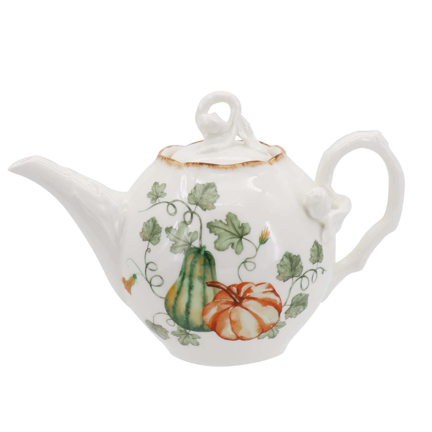 Gilded Harvest Farmhouse Style Ceramic Tableware Set – Hand-Painted Vine Motif with Gold Trim & Organic Shape with 1000cc tea pot