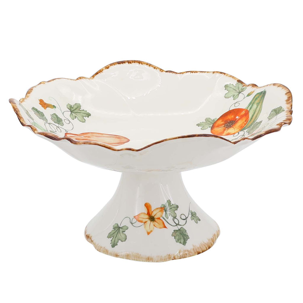 Gilded Harvest Farmhouse Style Ceramic Tableware Set – Hand-Painted Vine Motif with Gold Trim & Organic Shape with 11.75-inch fruit bow with stand