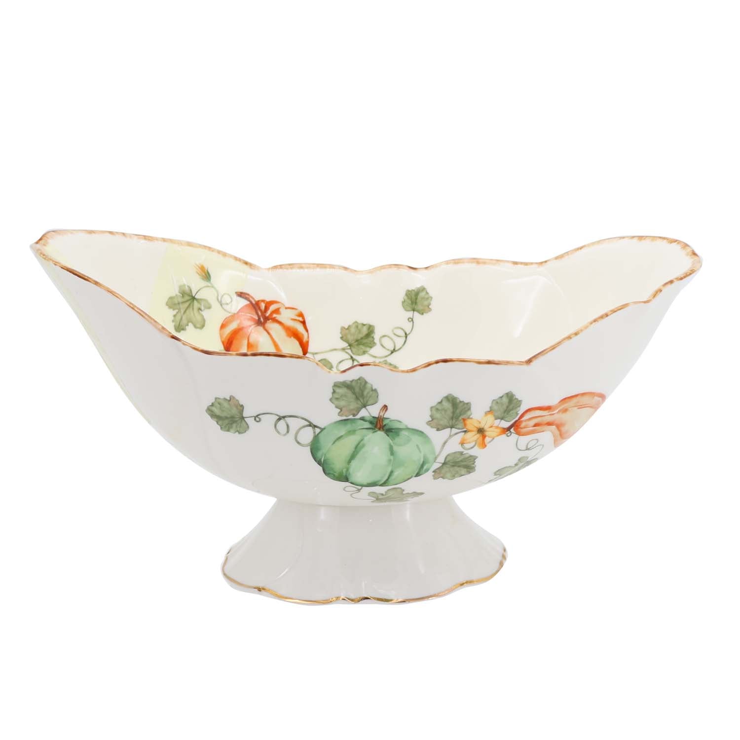 Gilded Harvest Farmhouse Style Ceramic Tableware Set – Hand-Painted Vine Motif with Gold Trim & Organic Shape with 13-inch fruit bowl