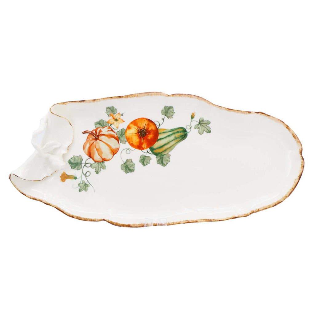Gilded Harvest Farmhouse Style Ceramic Tableware Set – Hand-Painted Vine Motif with Gold Trim & Organic Shape with 15-inch tray