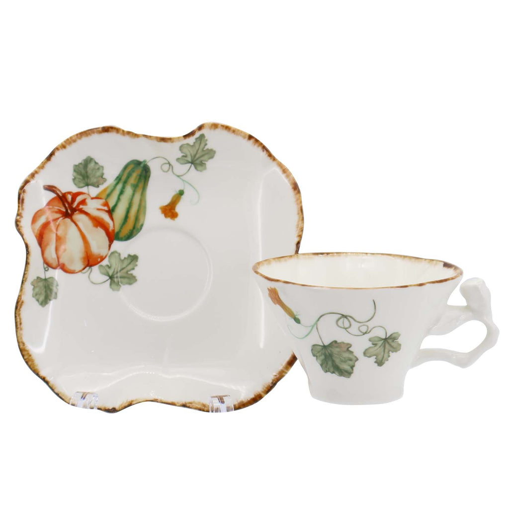 Gilded Harvest Farmhouse Style Ceramic Tableware Set – Hand-Painted Vine Motif with Gold Trim & Organic Shape with 150cc cup and saucer