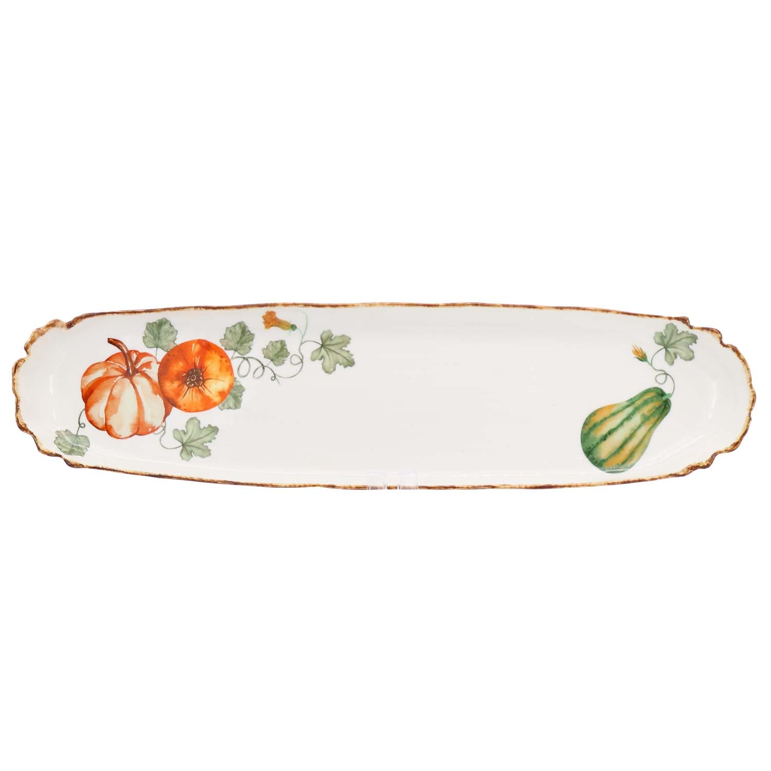 Gilded Harvest Farmhouse Style Ceramic Tableware Set – Hand-Painted Vine Motif with Gold Trim & Organic Shape with 17-inch tray