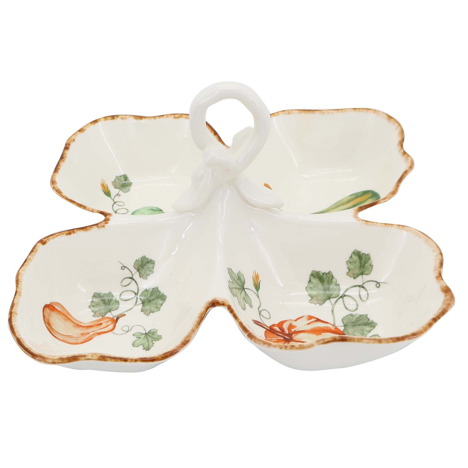 Gilded Harvest Farmhouse Style Ceramic Tableware Set – Hand-Painted Vine Motif with Gold Trim & Organic Shape with  200ml petal four section snack dishes