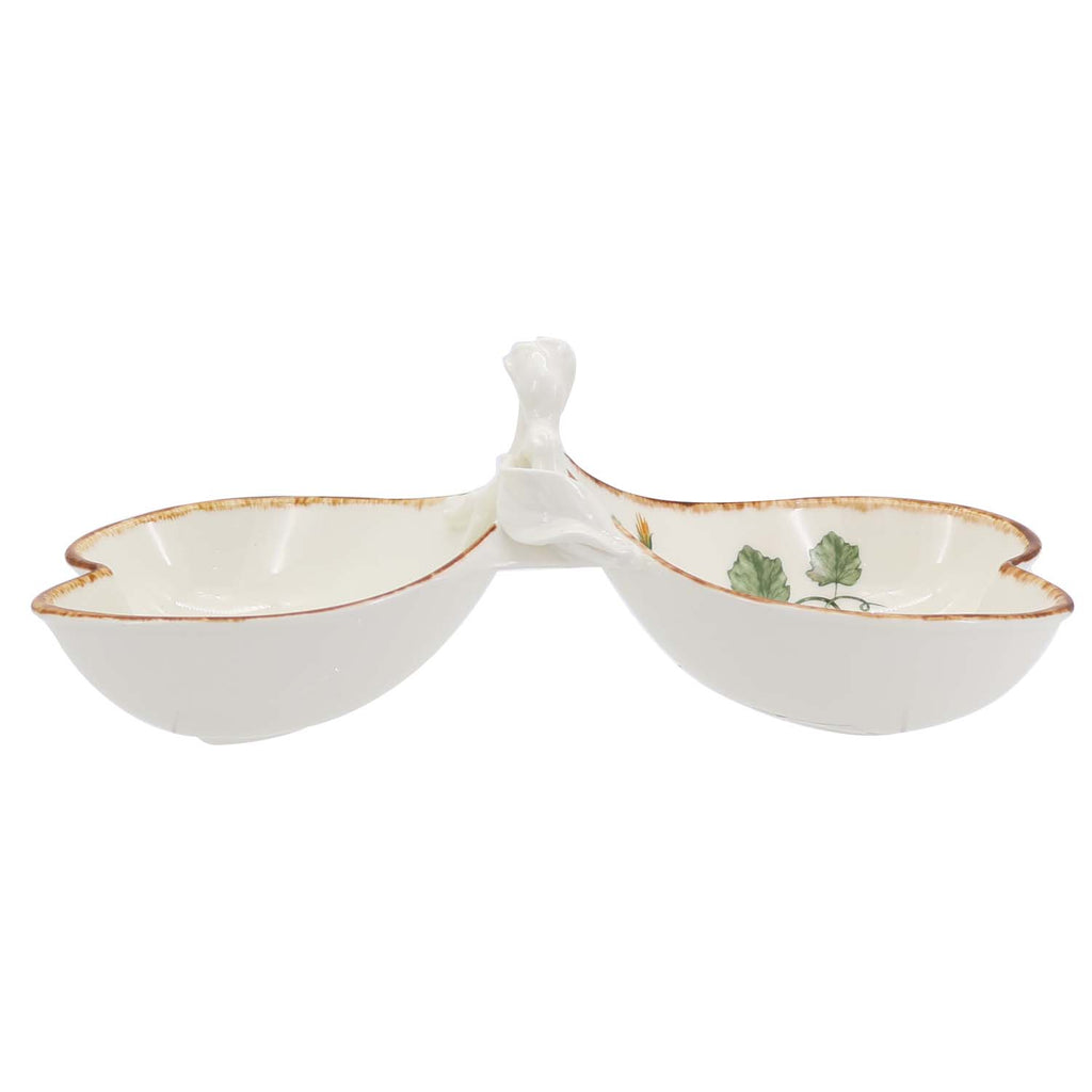 Gilded Harvest Farmhouse Style Ceramic Tableware Set – Hand-Painted Vine Motif with Gold Trim & Organic Shape with 200ml petal two section snack dishes pattern 1