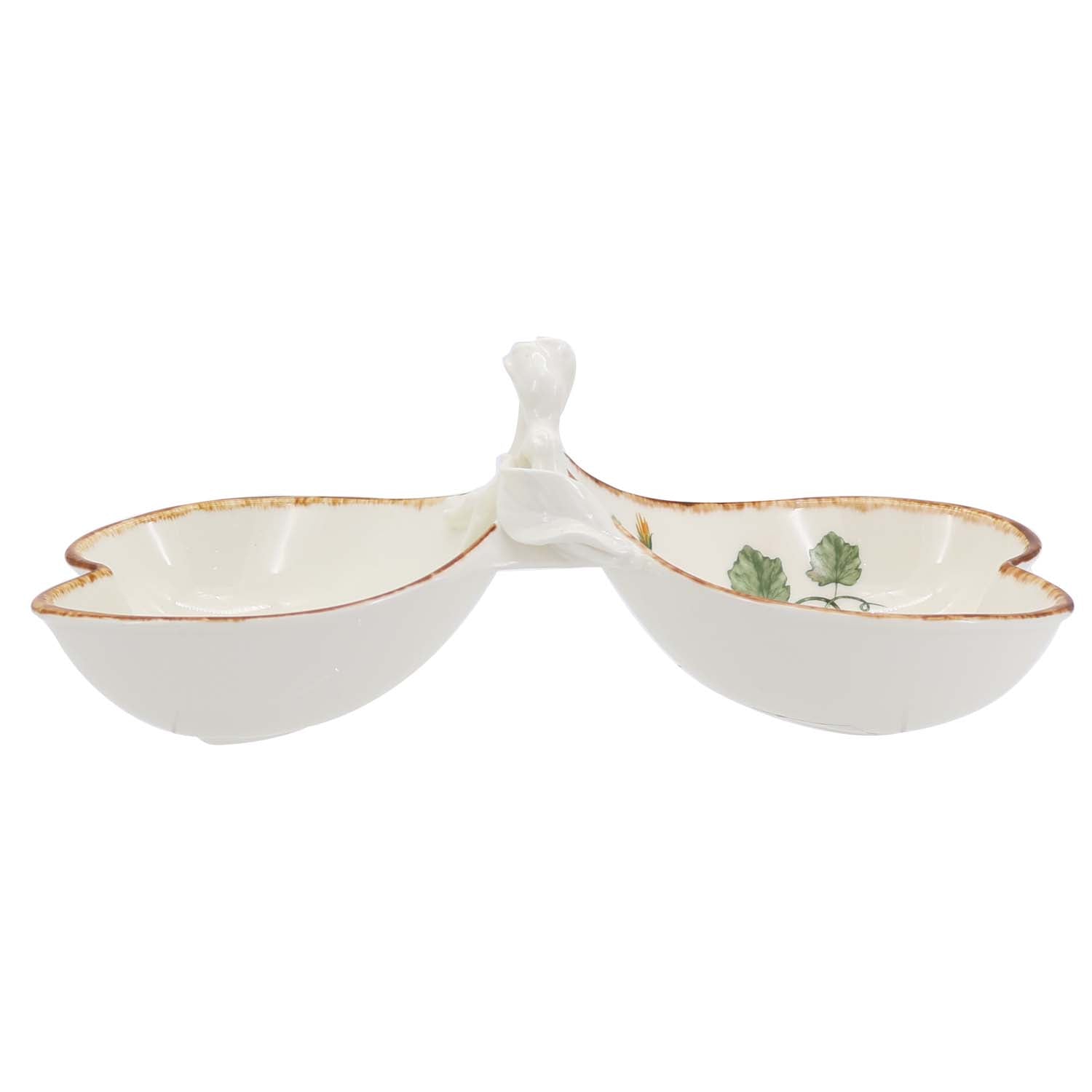 Gilded Harvest Farmhouse Style Ceramic Tableware Set – Hand-Painted Vine Motif with Gold Trim & Organic Shape with 200ml petal two section snack dishes pattern 1