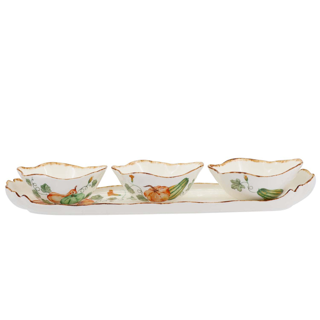 Gilded Harvest Farmhouse Style Ceramic Tableware Set – Hand-Painted Vine Motif with Gold Trim & Organic Shape with 4.5-inch bowls 3xpack and tray
