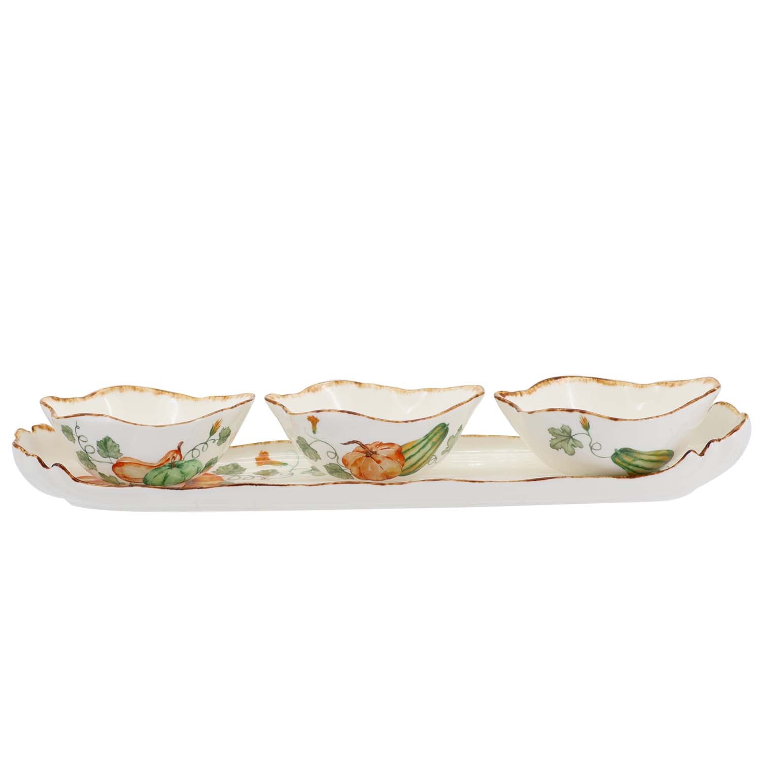 Gilded Harvest Farmhouse Style Ceramic Tableware Set – Hand-Painted Vine Motif with Gold Trim & Organic Shape with 4.5-inch bowls 3xpack and tray