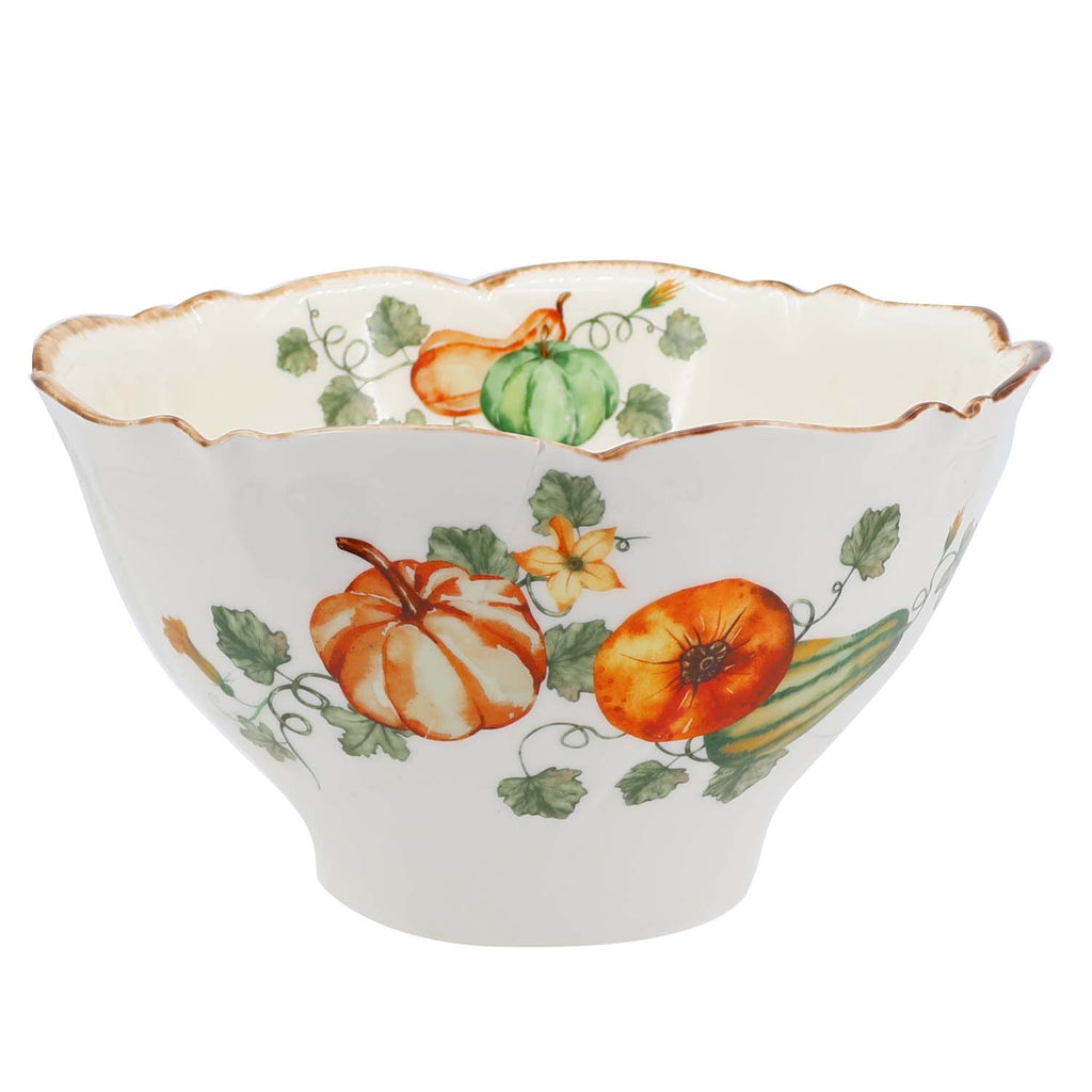 Gilded Harvest Farmhouse Style Ceramic Tableware Set – Hand-Painted Vine Motif with Gold Trim & Organic Shape with 9-inch salad bowl