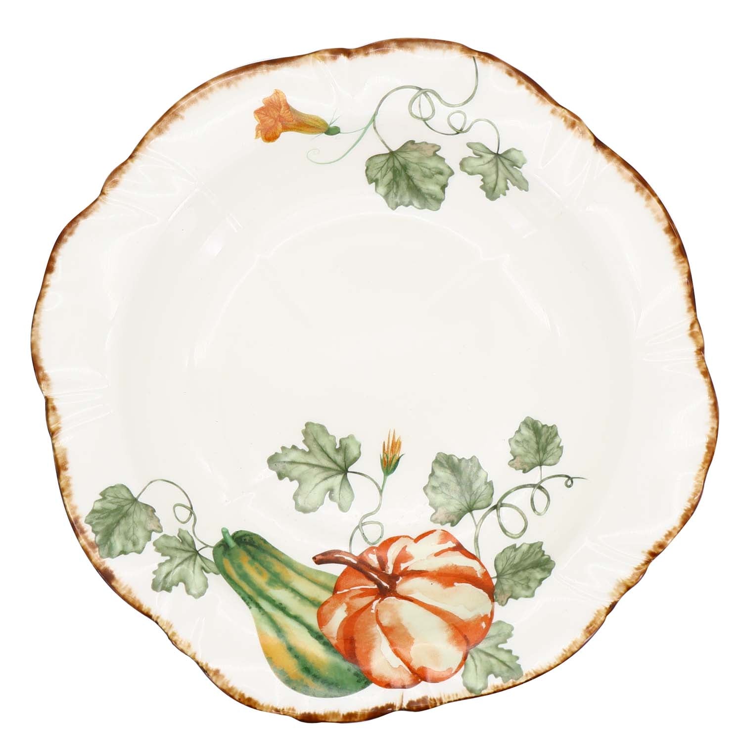 Gilded Harvest Farmhouse Style Ceramic Tableware Set – Hand-Painted Vine Motif with Gold Trim & Organic Shape with 9.5-inch soup plate