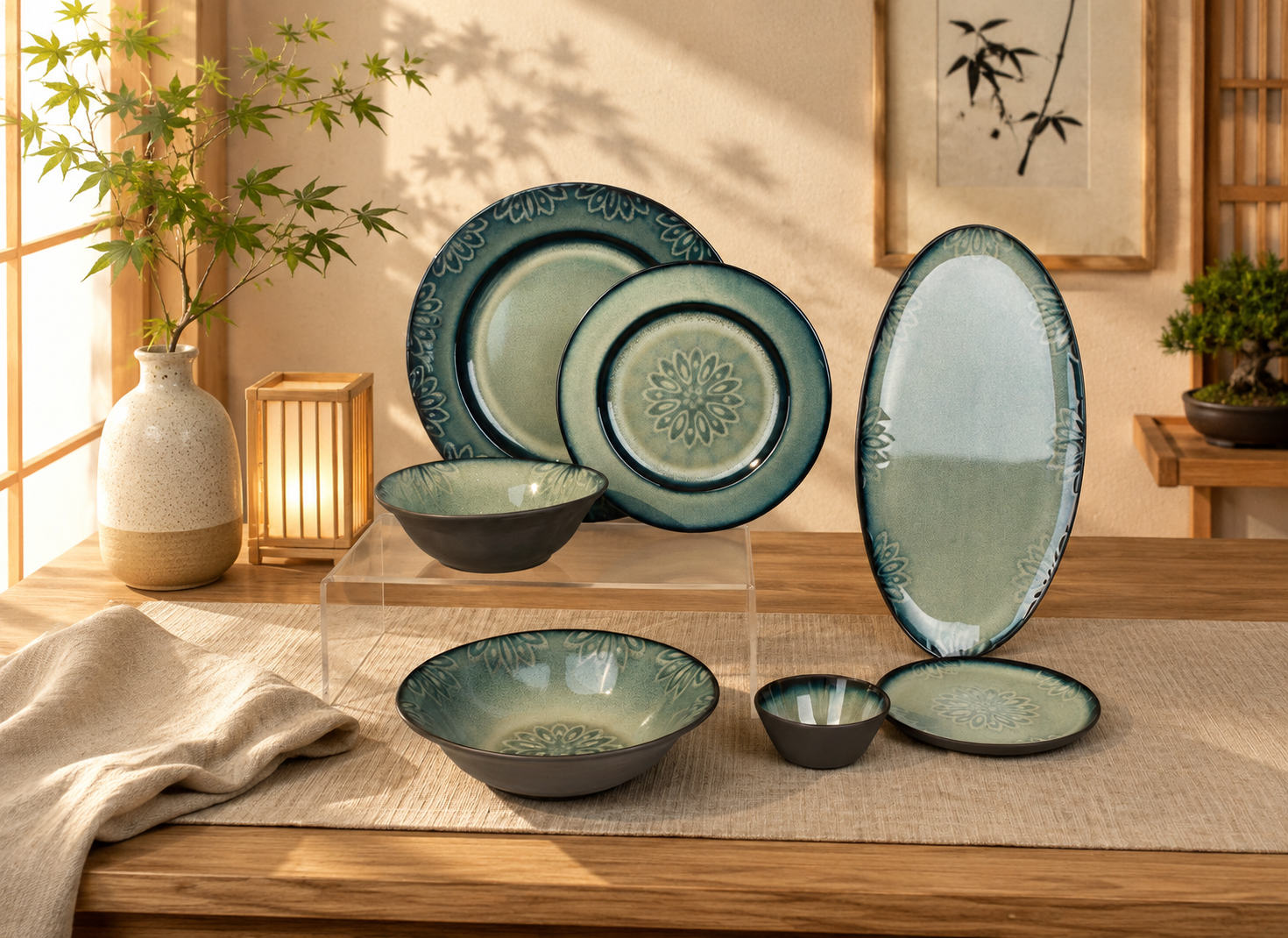 Donglin Embossed Mandala Bloom - Vintage Style Ceramic Tableware Set