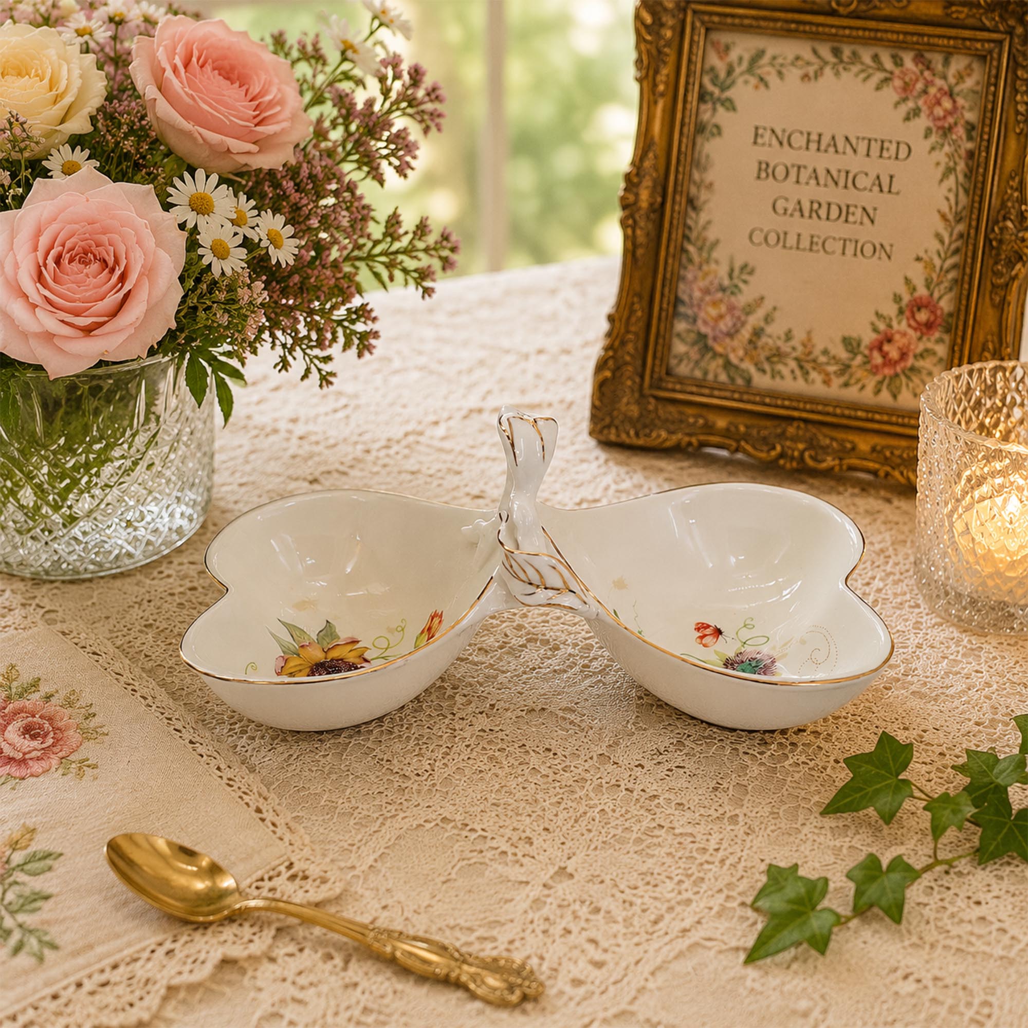 Donglin Homeware Enchanted Botanical Garden Collection Two-Section Snack Dish