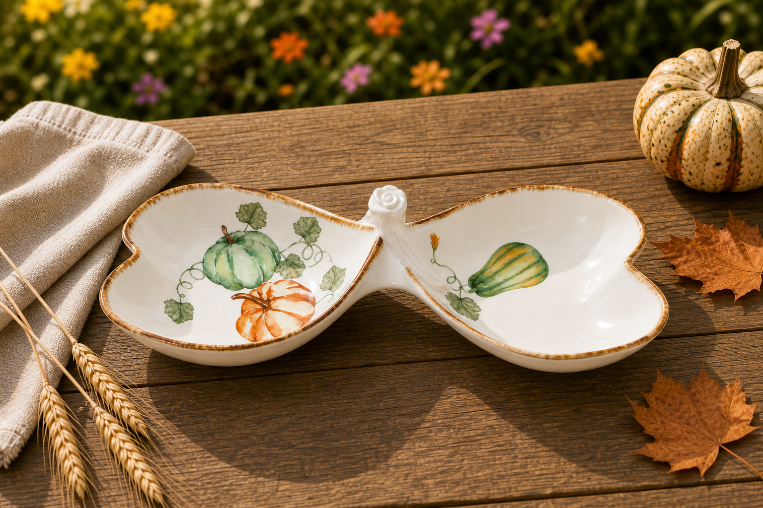 Donglin Homeware Gilded Harvest - Nature Style Ceramic Snack Dish Two-Section