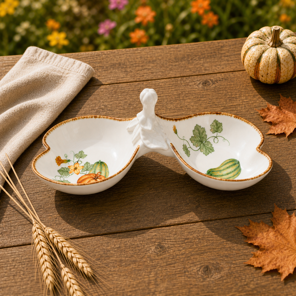 Donglin Homeware Gilded Harvest - Nature Style Ceramic Snack Dish Two-Section