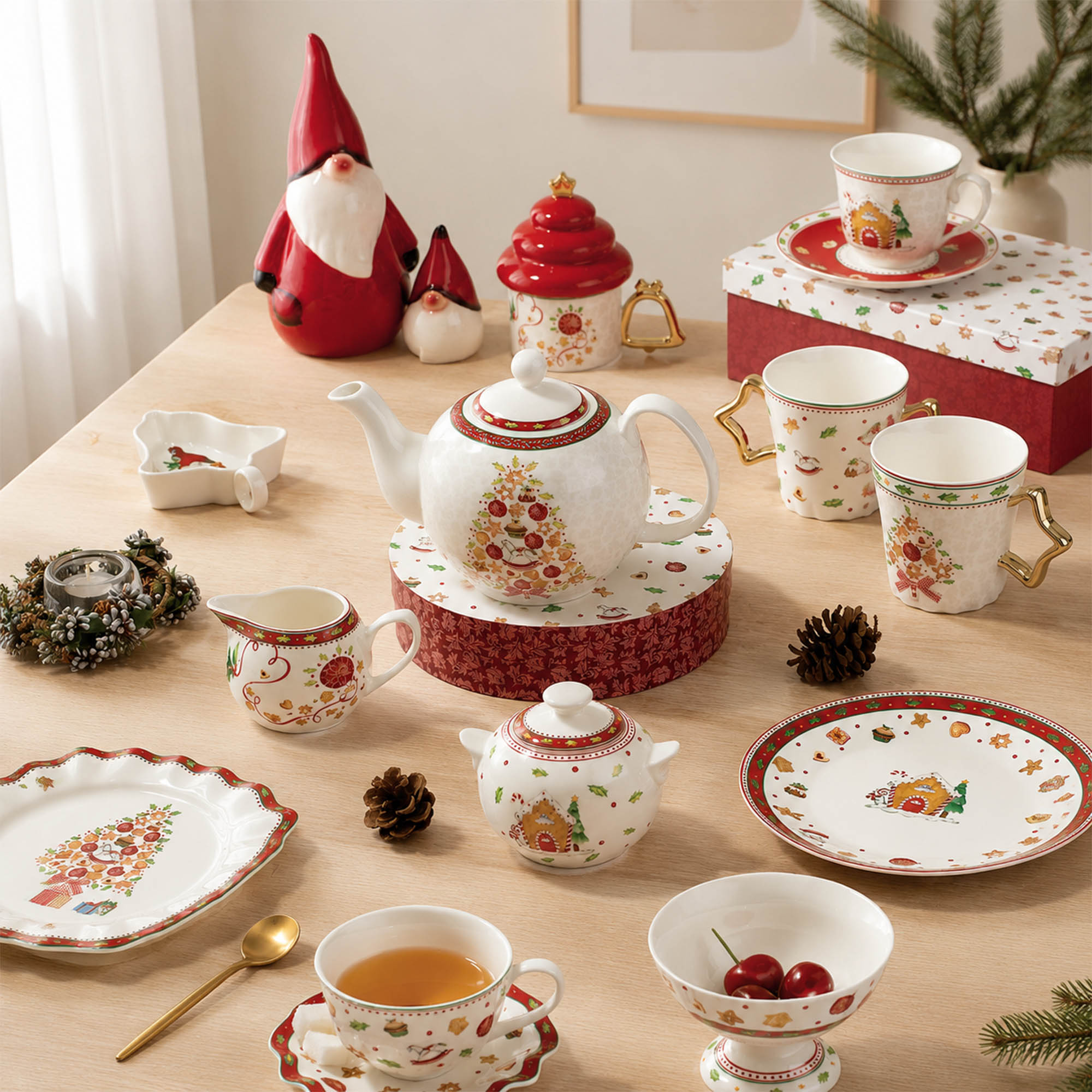 Donglin Homeware Gingerbread Christmas Dinnerware Set | Embossed Gnome Mugs Plates