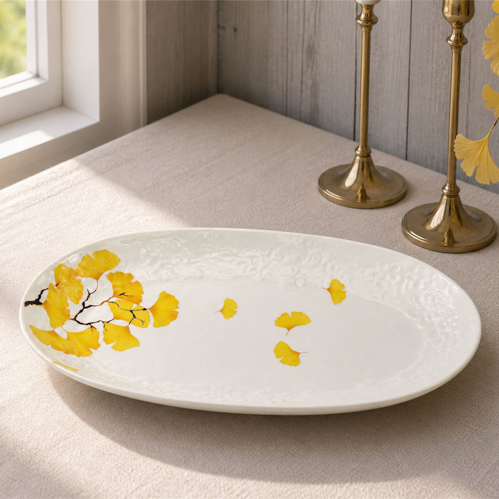 Donglin Homeware Ginkgo Leaf - Minimalist Style Ceramic Oval Rimmed Plate 11-inch