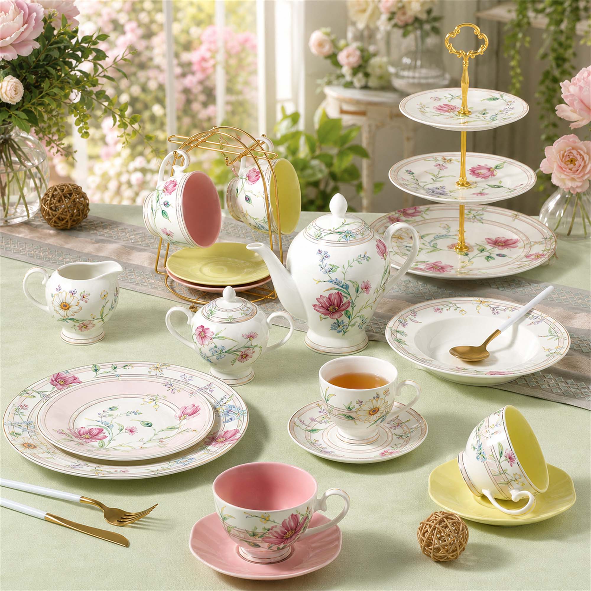 Donglin Homeware Grid Flower & Butterfly - Nature Style Ceramic Coffee Set