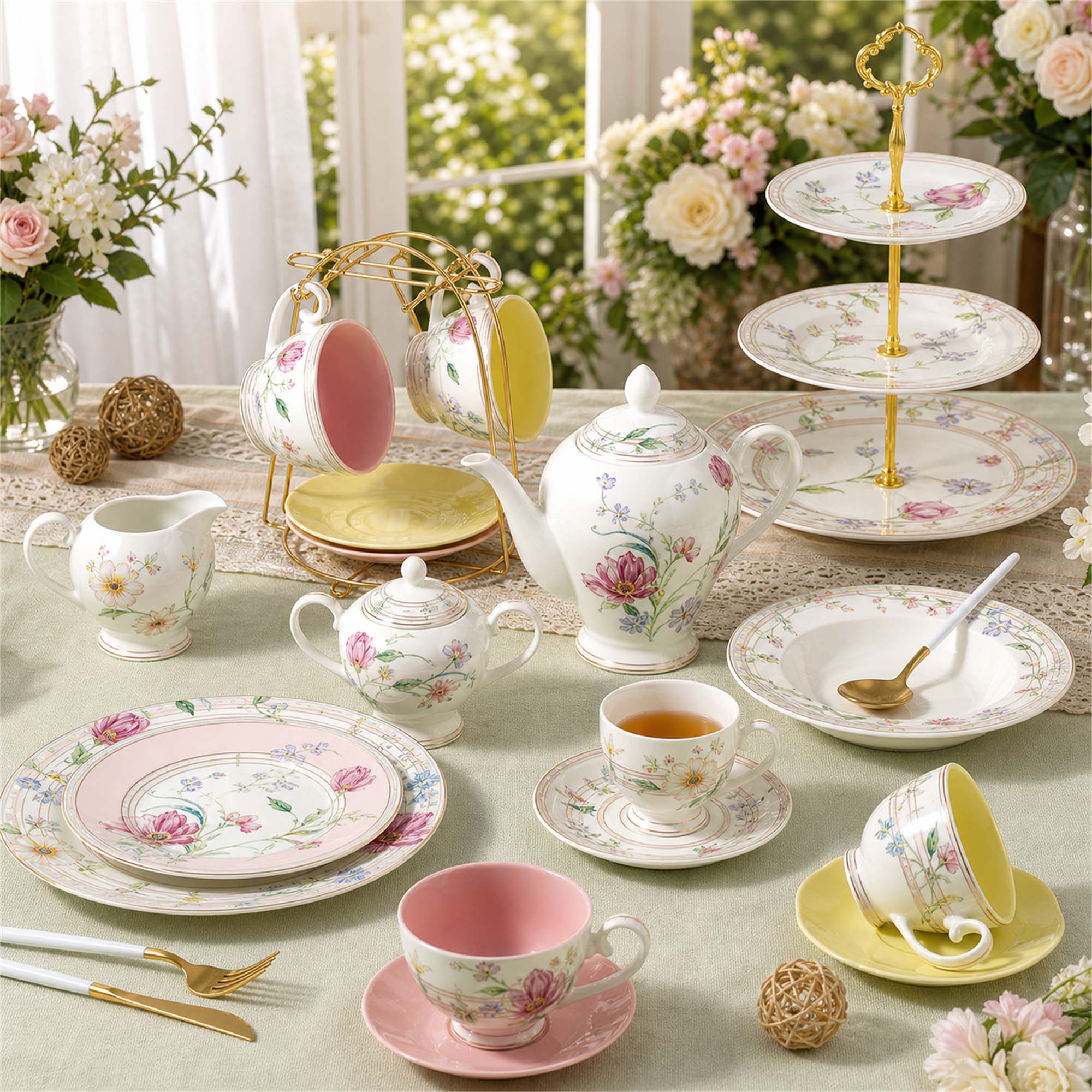 Donglin Homeware Grid Flower & Butterfly - Nature Style Ceramic Dinnerware Set
