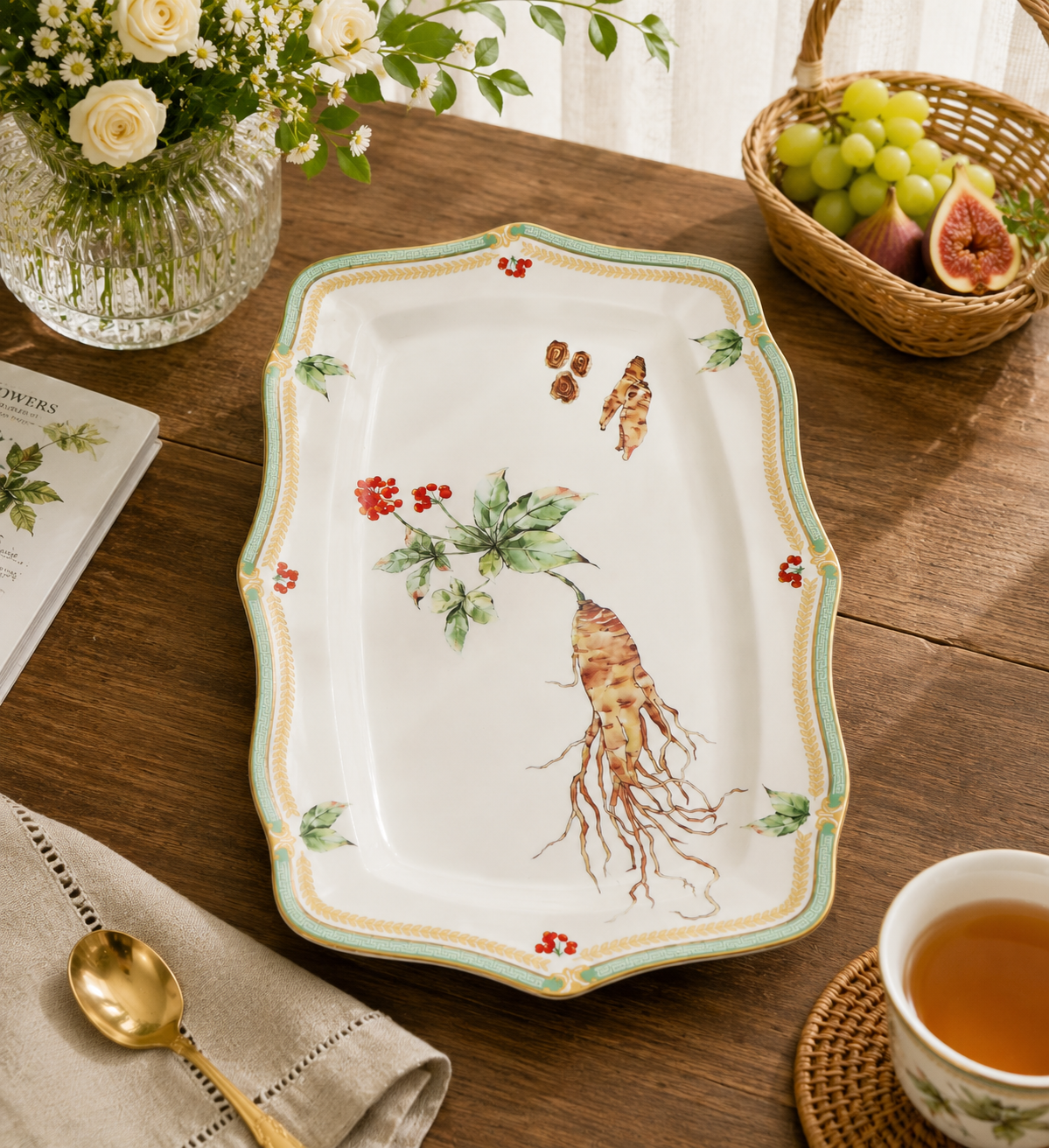 Donglin Homeware Herb - Natural Style Botanical Series Ginseng 11-inch Oval Plate