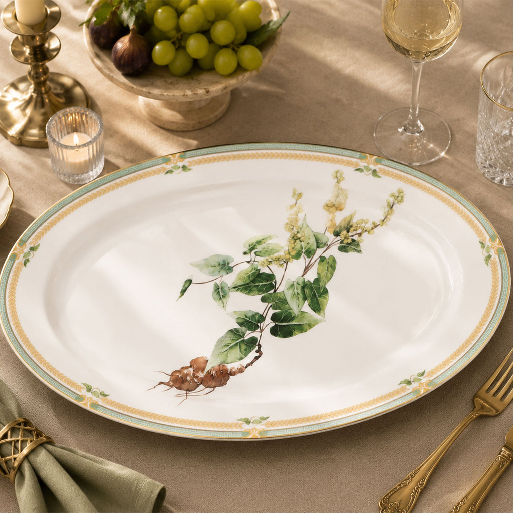 Donglin Homeware Herb - Natural Style Botanical Series Fieece Flower Root 14-inch Oval Plate