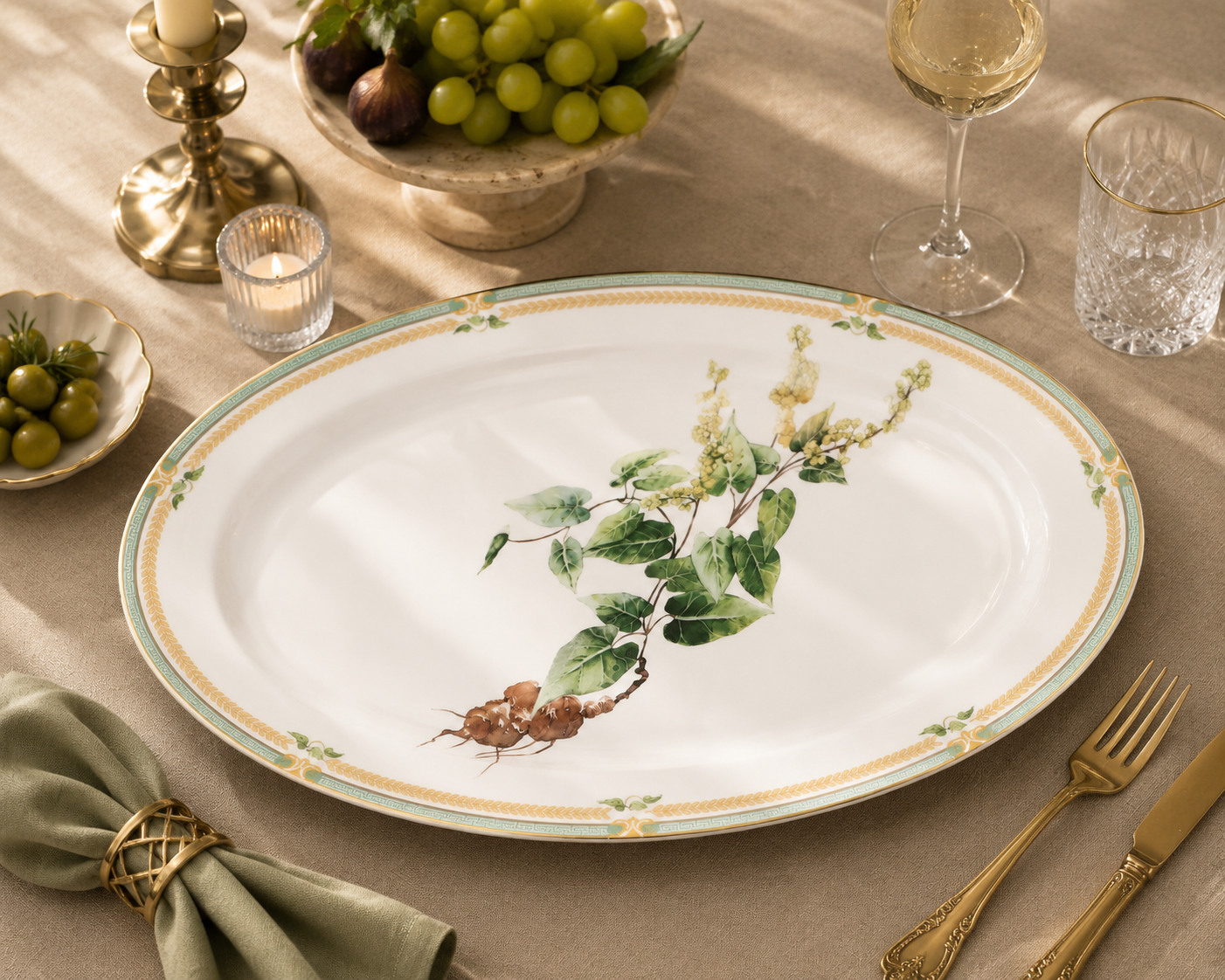 Donglin Homeware Herb - Natural Style Botanical Series Fieece Flower Root 14-inch Oval Plate