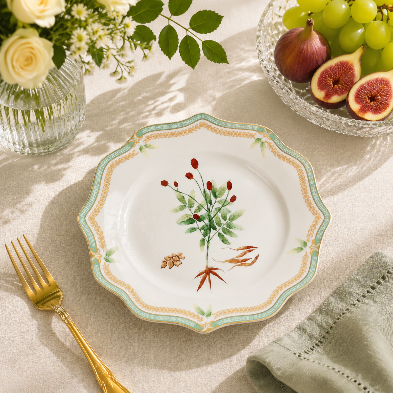 Donglin Homeware Herb - Natural Style Botanical Series Garden Burnet Root 8.5-inch Dessert Plate