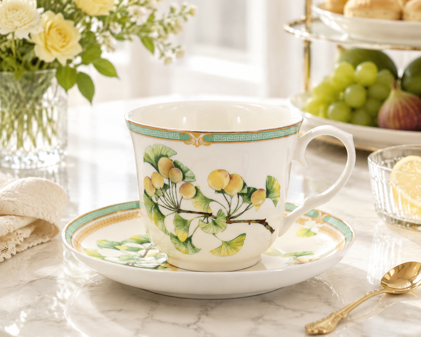 Donglin Homeware Herb - Natural Style Botanical Series Ginkgo Seed Cup and Saucer 250cc