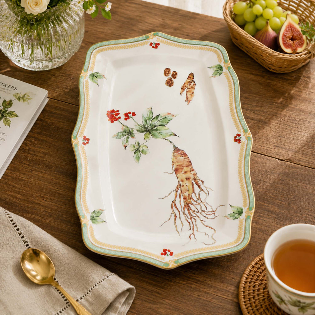 Donglin Homeware Herb - Natural Style Botanical Series Ginseng 11-inch Oval Plate