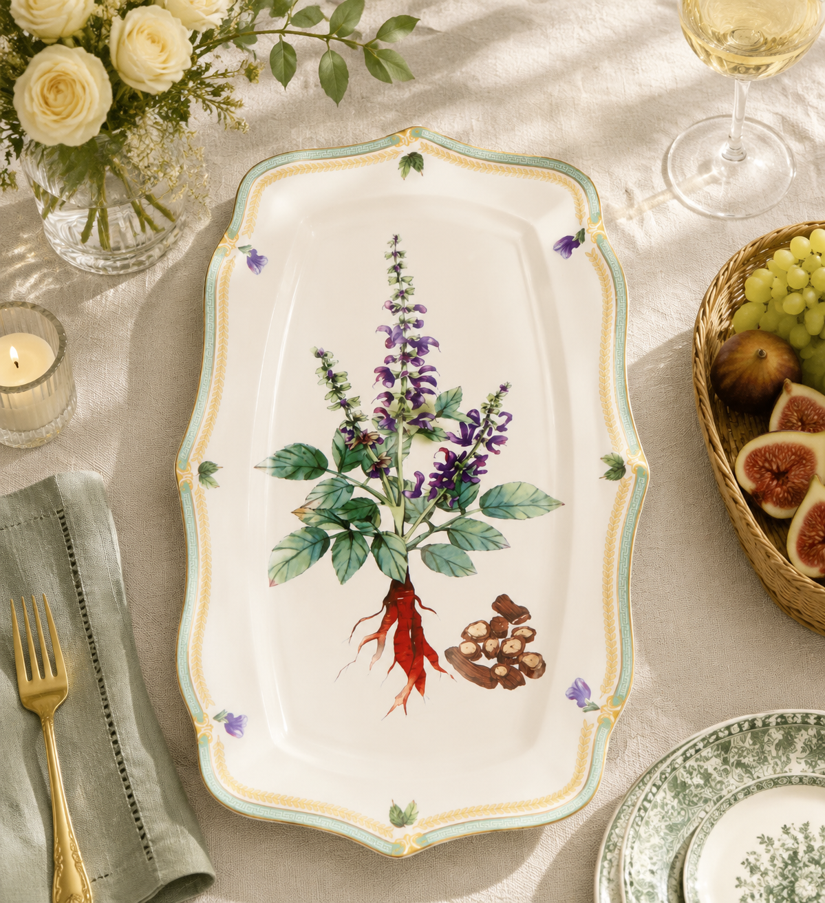 Donglin Homeware Herb - Natural Style Botanical Series Salvia Root 14-inch Oval Plate