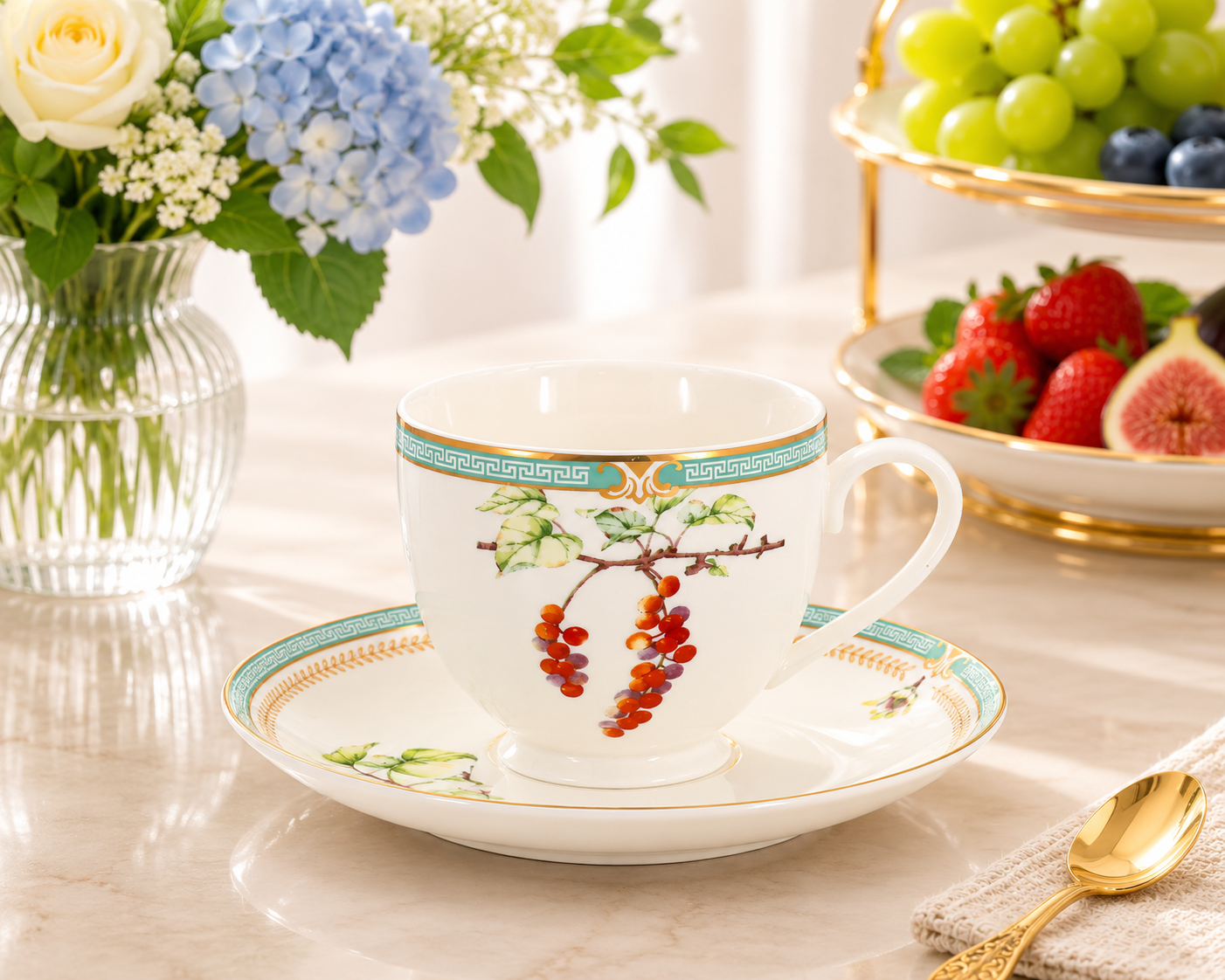 Donglin Homeware Herb - Natural Style Botanical Series Schisandra Berry Cup and Saucer 220cc