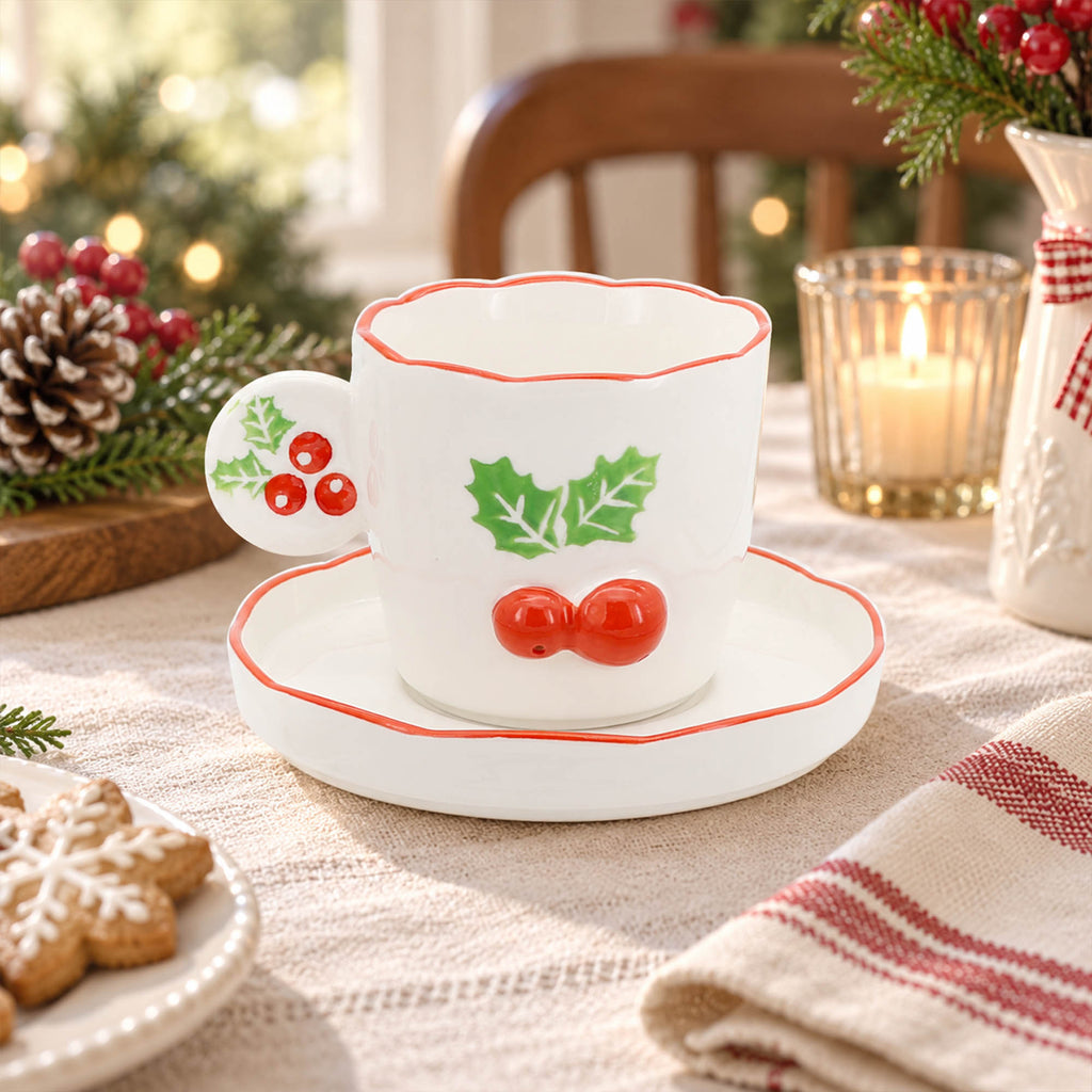 Donglin Homeware Holly Berry Cheer Collection Cup and Saucer 180cc