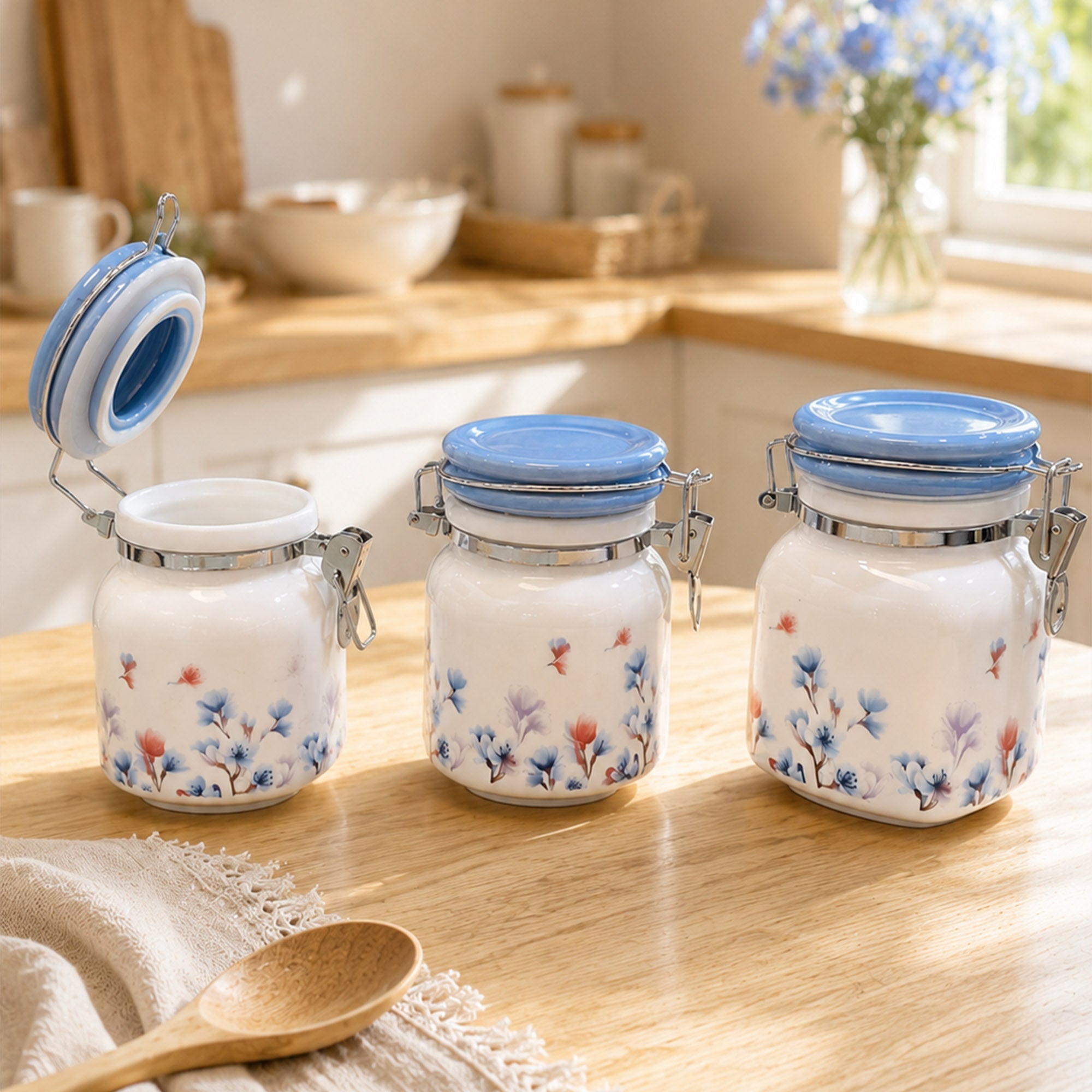 Donglin Homeware Ink Cherry Blossoms Opal Glass Canister Set (500ml, 750ml, 1000ml)