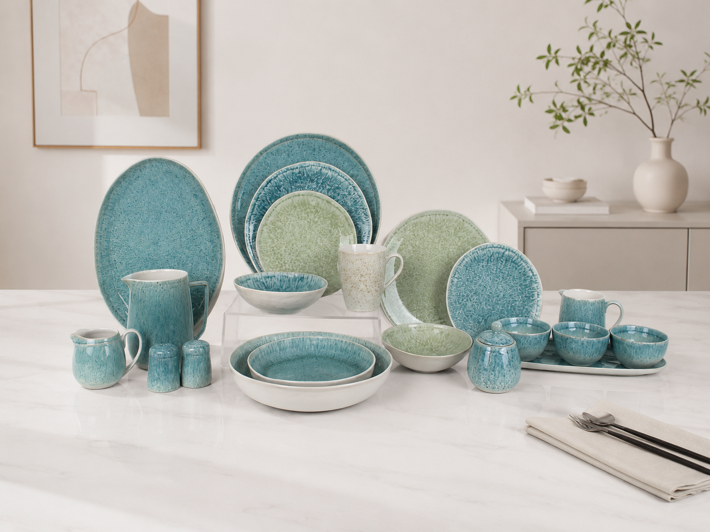 Donglin Homeare Kiln Altered Lagoon Glaze - Vintage Style Ceramic Tableware Set