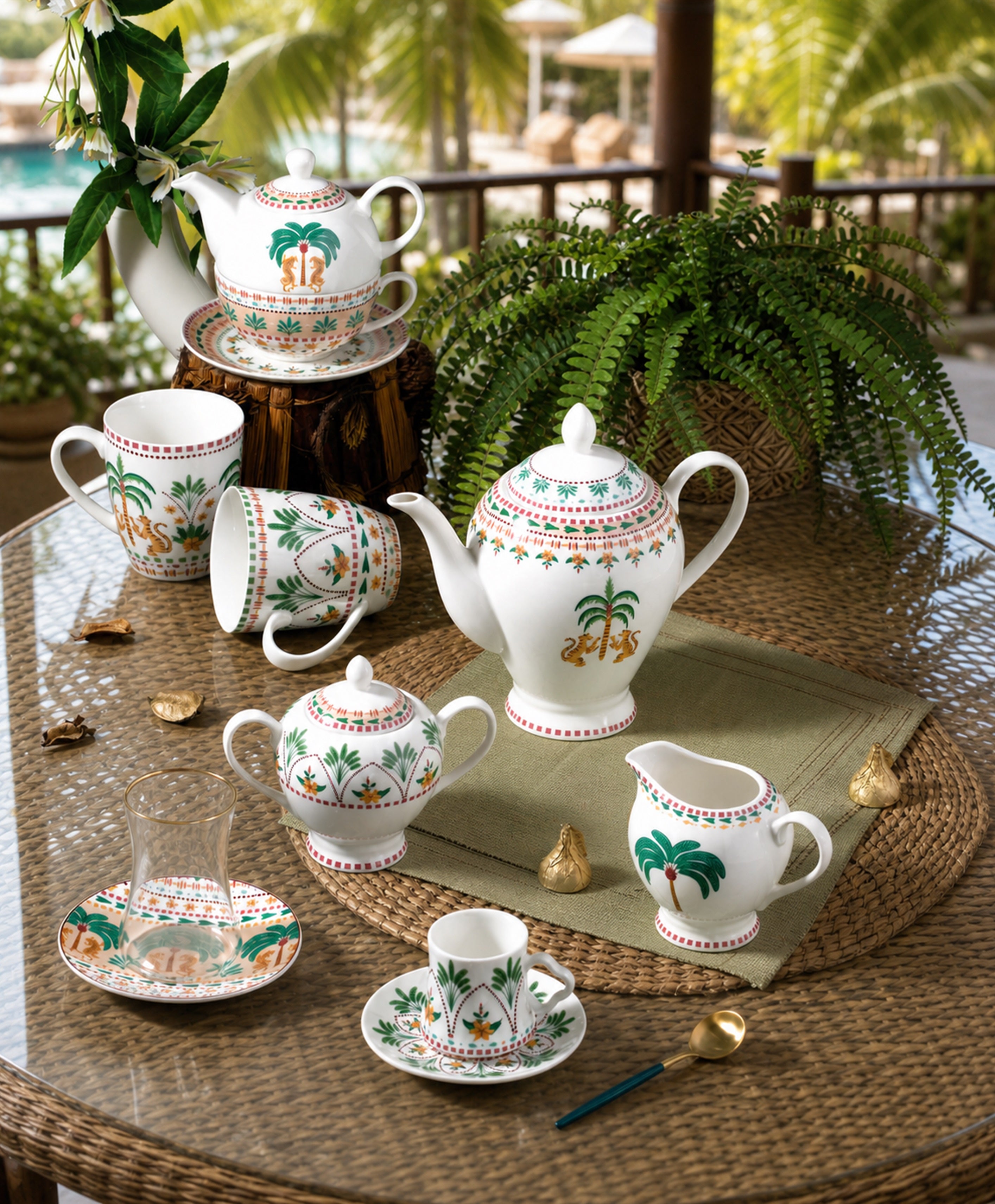 Donglin Homeware Leopard & Palm - Bohemian Style Ceramic Tea Set