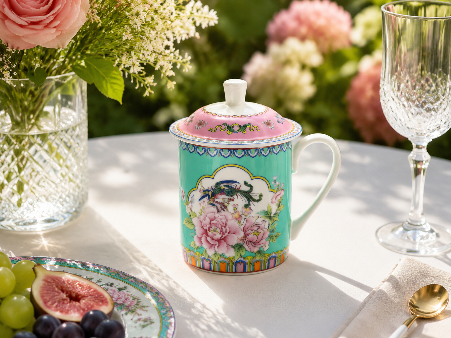 Donglin Homeware Opulent Phoenix - Vintage Style Ceramic Lidded Cup 350cc 