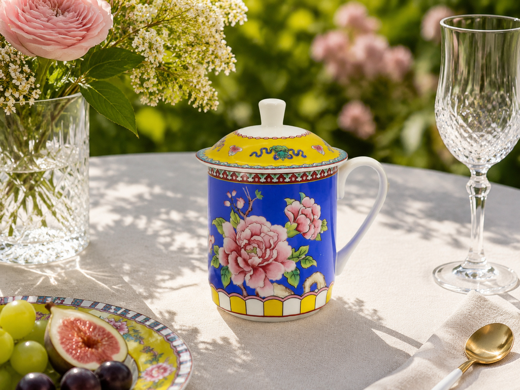 Donglin Homeware Opulent Phoenix - Vintage Style Ceramic Lidded Cup 350cc 