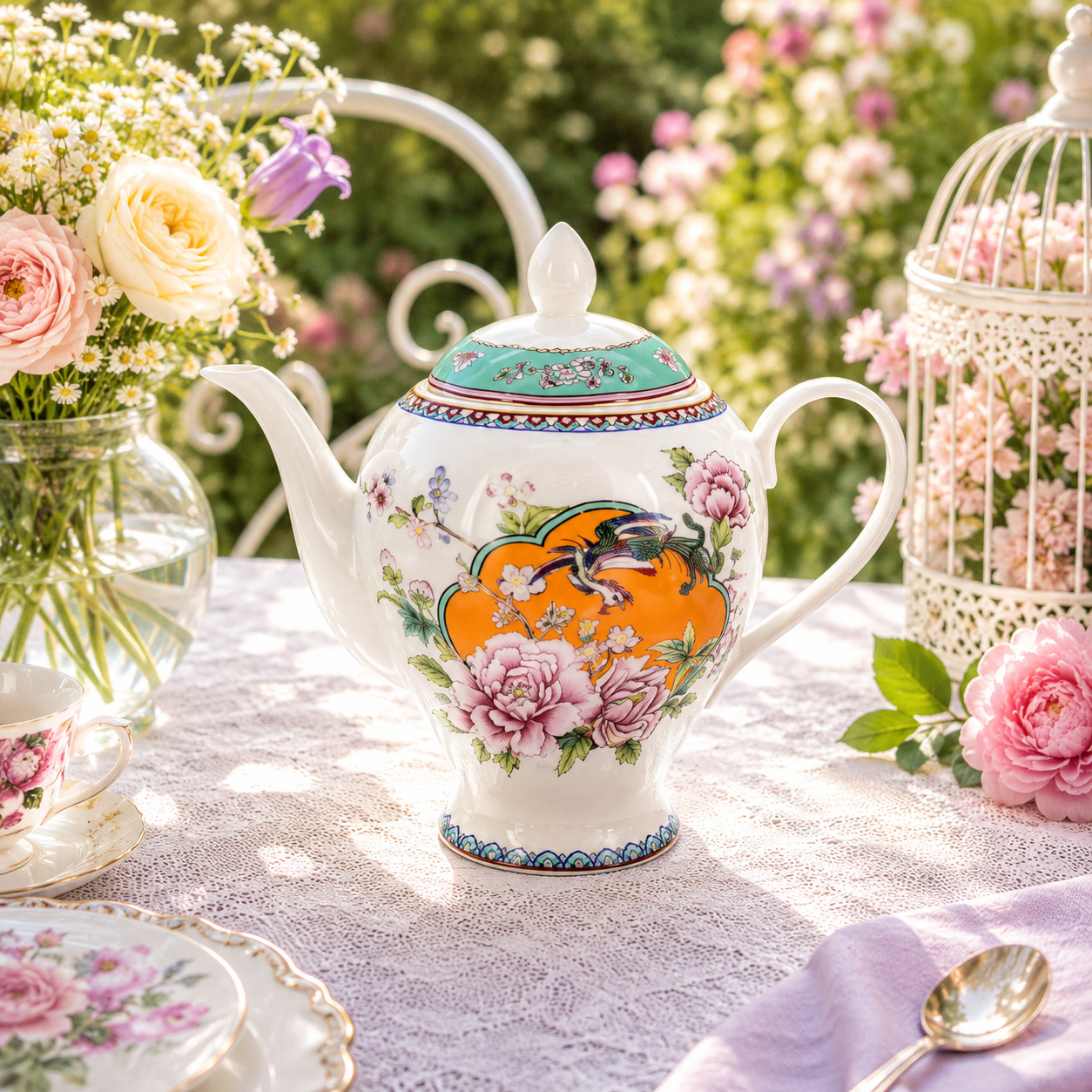 Donglin Homeware Opulent Phoenix - Vintage Style Ceramic Teapot 1200cc