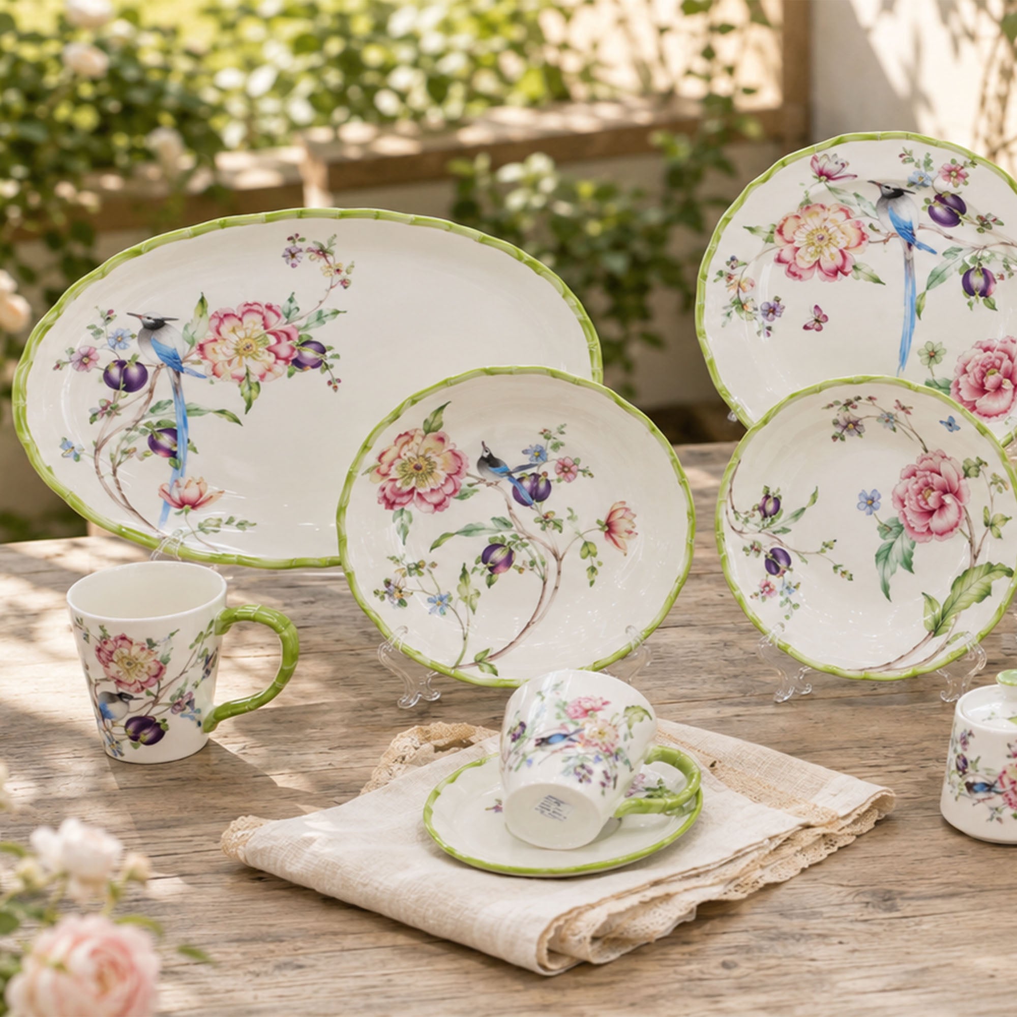 Donglin Homeware Oriental Peony Magpie Bamboo - Nature Style Ceramic Tableware