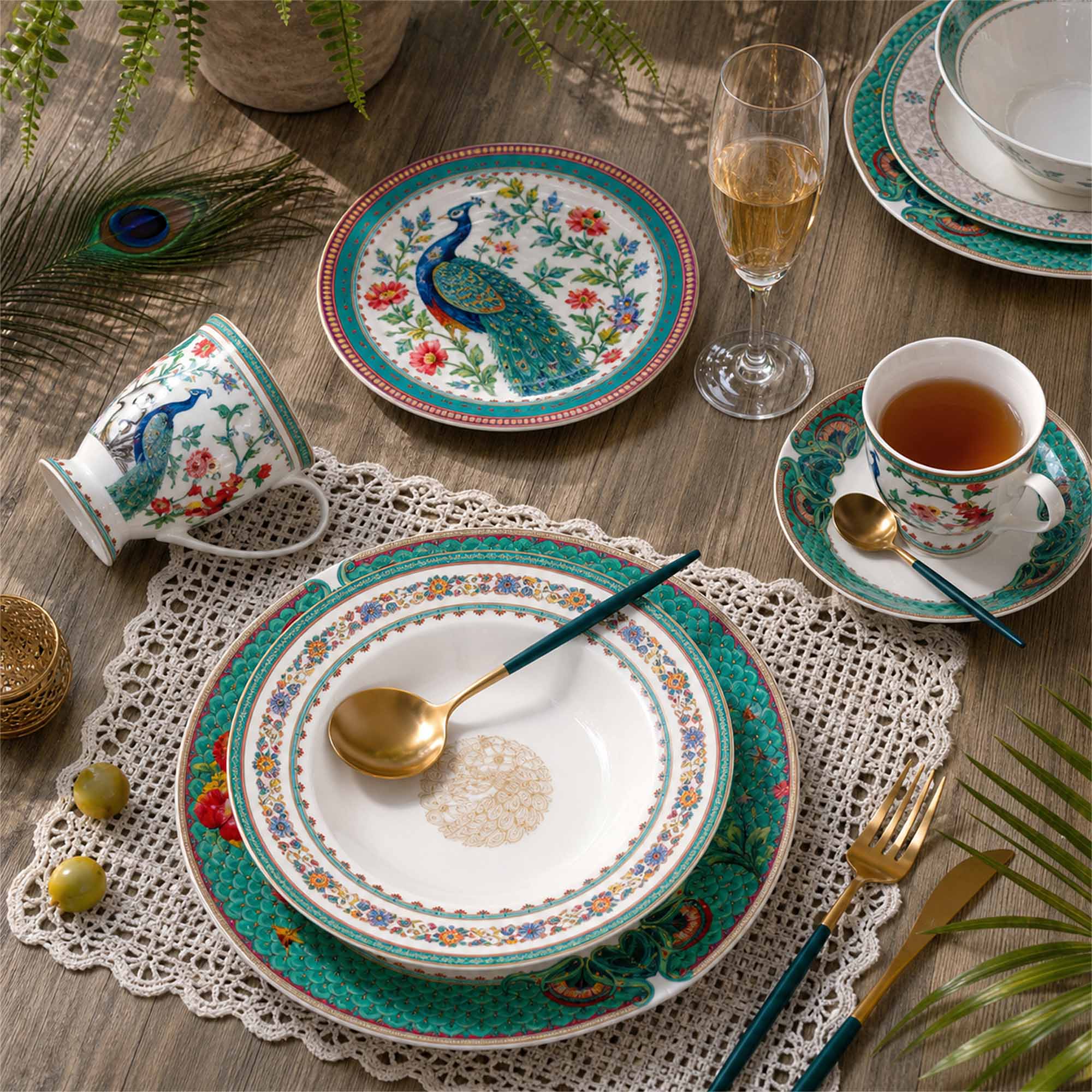 Donglin Homeware Peacock Peony Oriental - - Vintage Style Ceramic Coffee Set