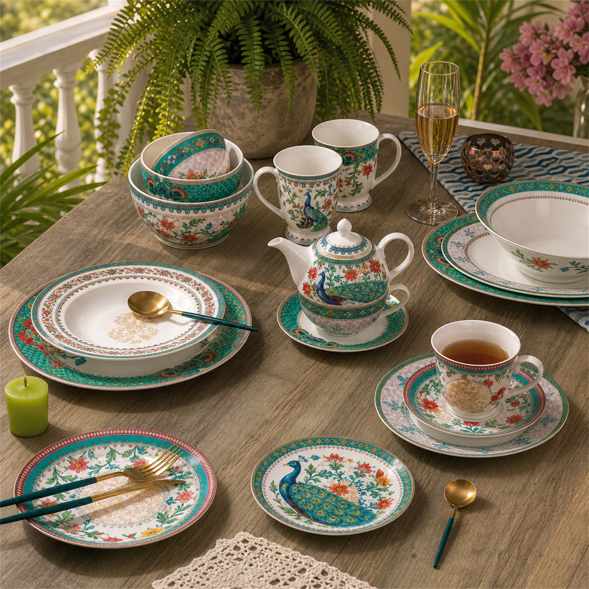 Donglin Homeware Peacock Peony Oriental - - Vintage Style Ceramic Dinnerware