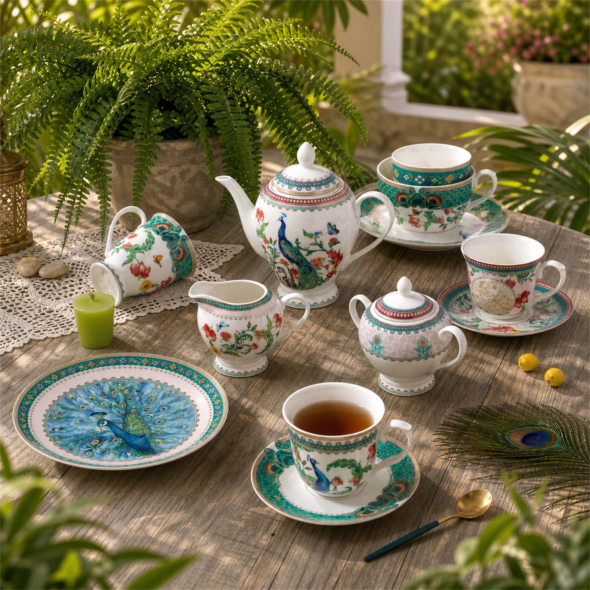 Donglin Homeware Peacock Peony Oriental - - Vintage Style Ceramic Tea Set