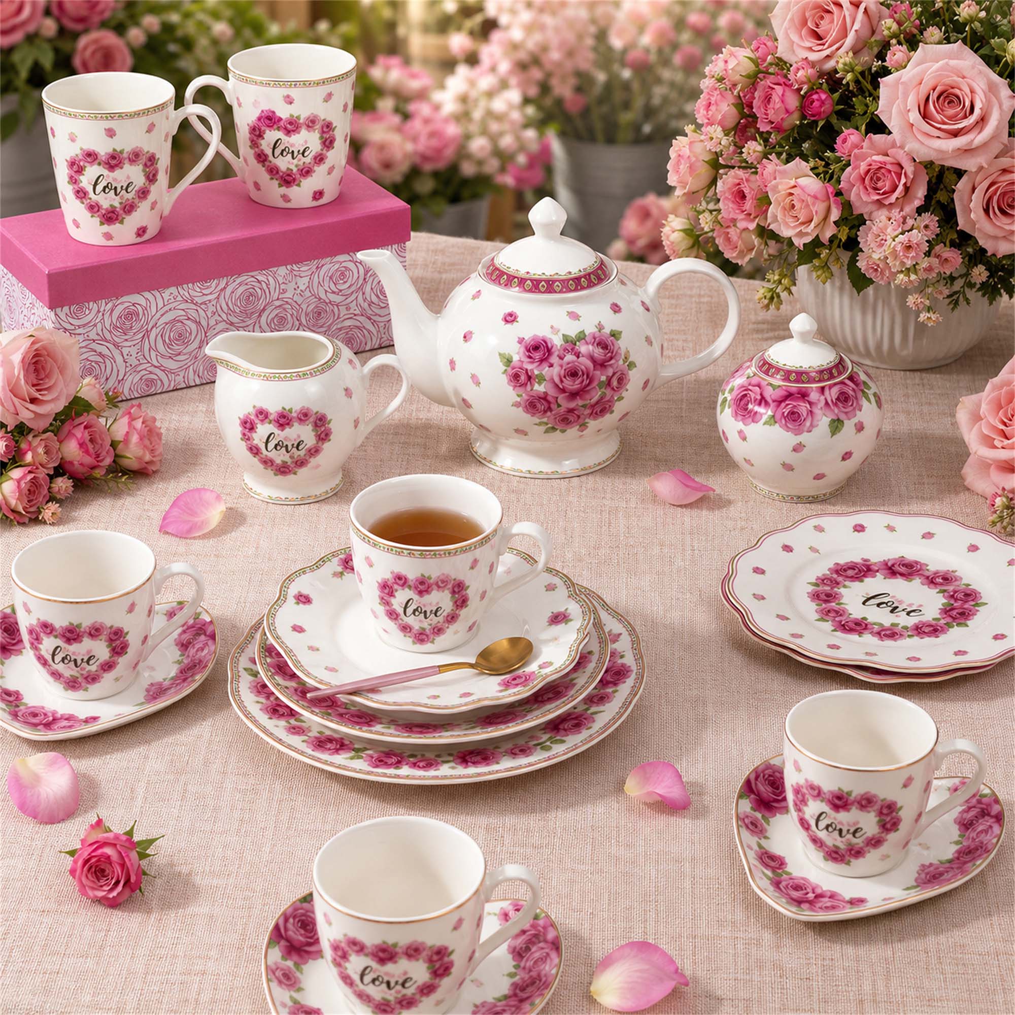 Donglin Homeware Rose Heart Love - Vintage Style Ceramic Dinnerware Set